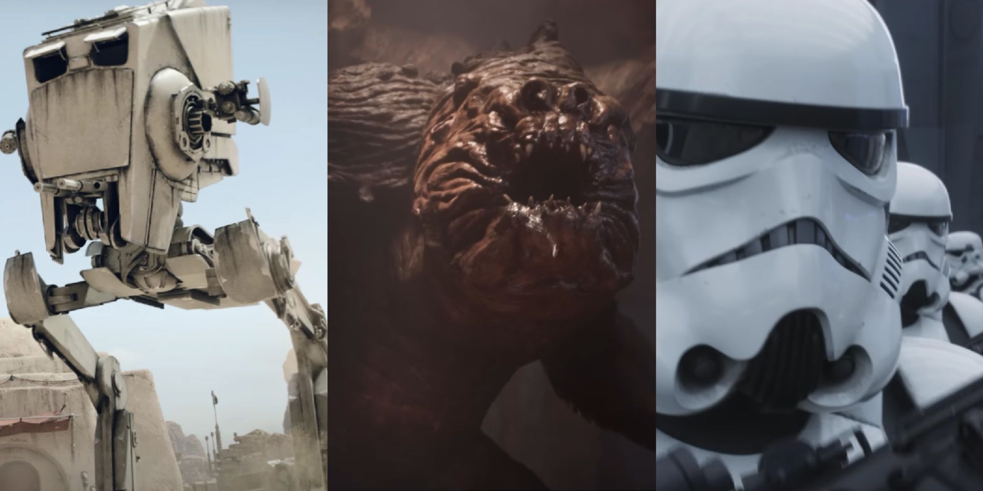 A three-image collage of an AT-ST on Tatooine, a Rancor, and menacing Stormtroopers gearing up for battle in Star Wars Outlaws.