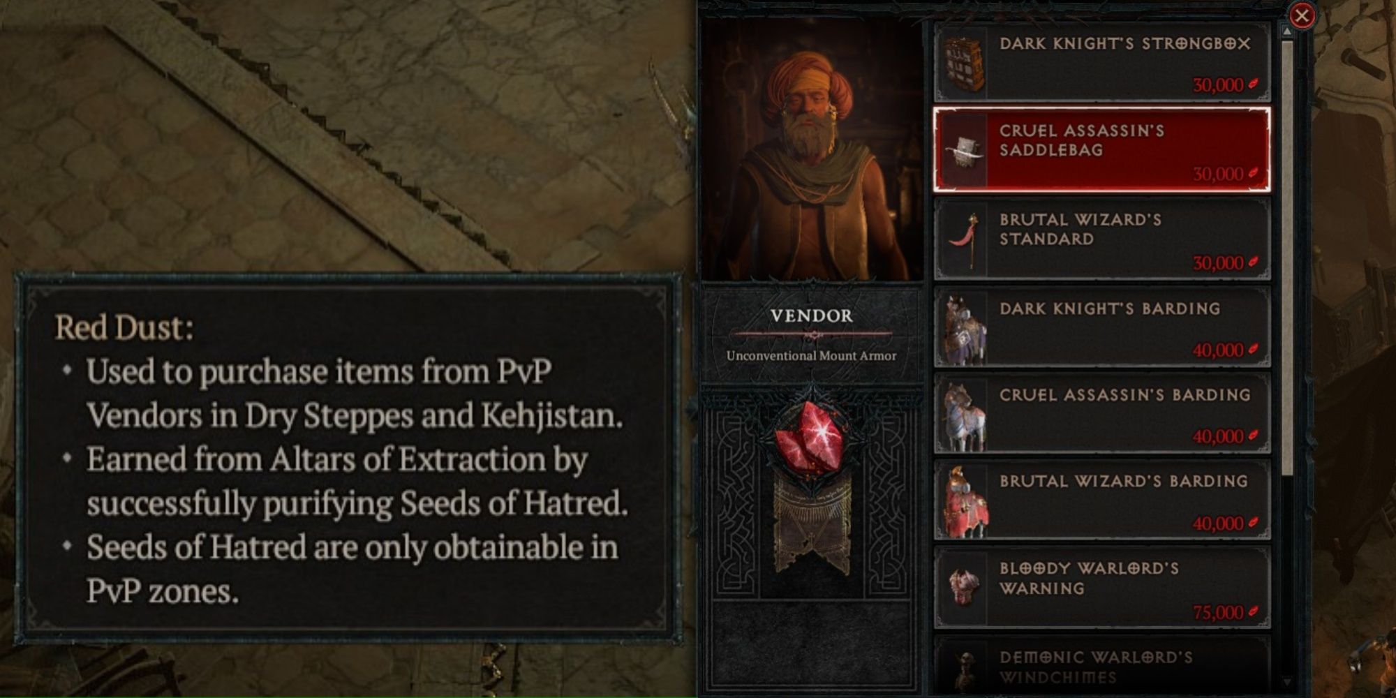 Red Dust Tooltip And Mount Vendor In Diablo 4