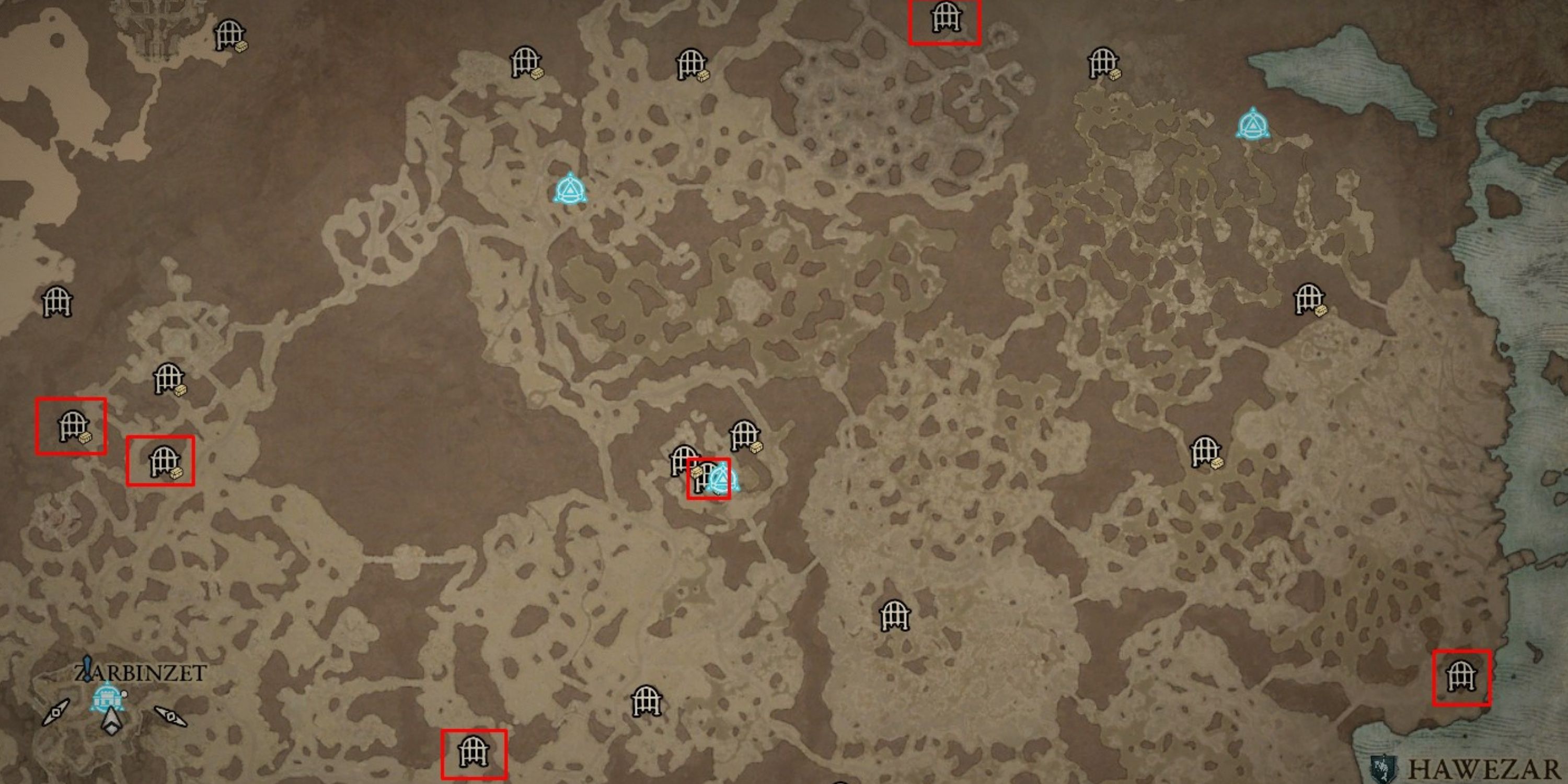 Hawezar Map With Highlighted Druid Dungeons In Diablo 4