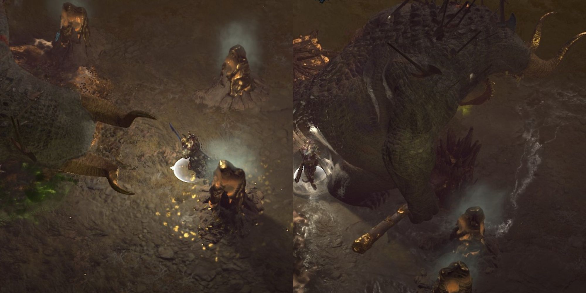 Collage image of dead Avarice boss and Avarice during the fight In Diablo 4
