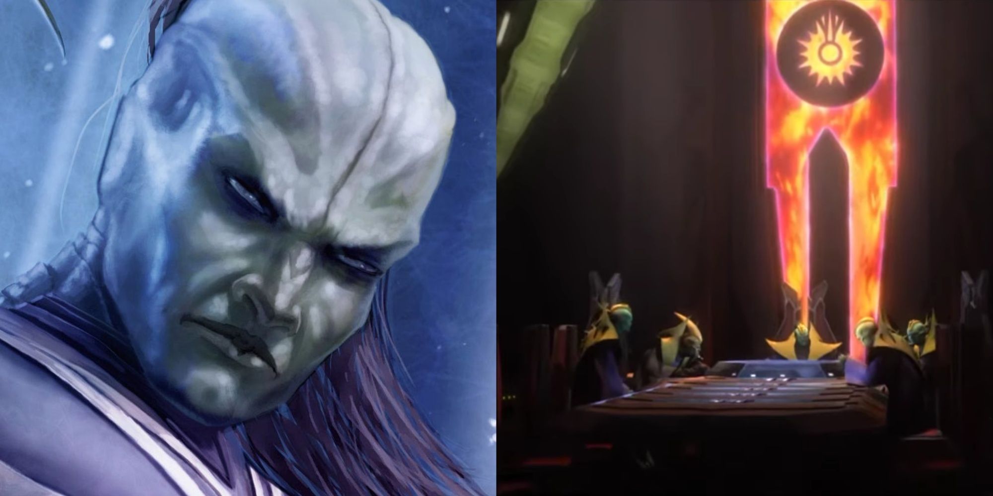 A split-image featuring a close-up illustration of Black Sun ruler Prince Xizor and a meeting of the earlier Black Sun leaders with the sigil in The Clone Wars series.