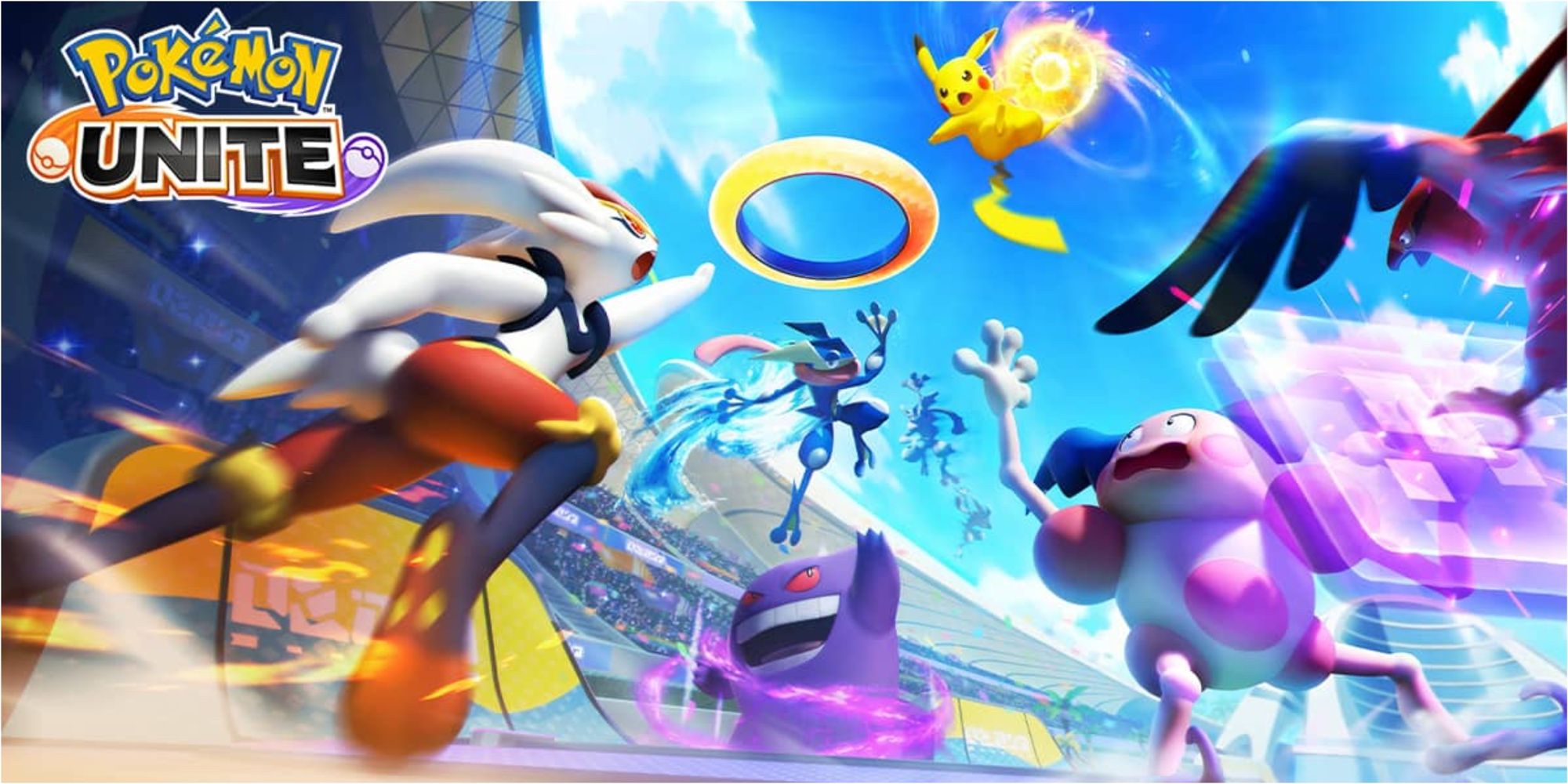 pokemon unite poster with several pokemon reaching for the same gold ring.