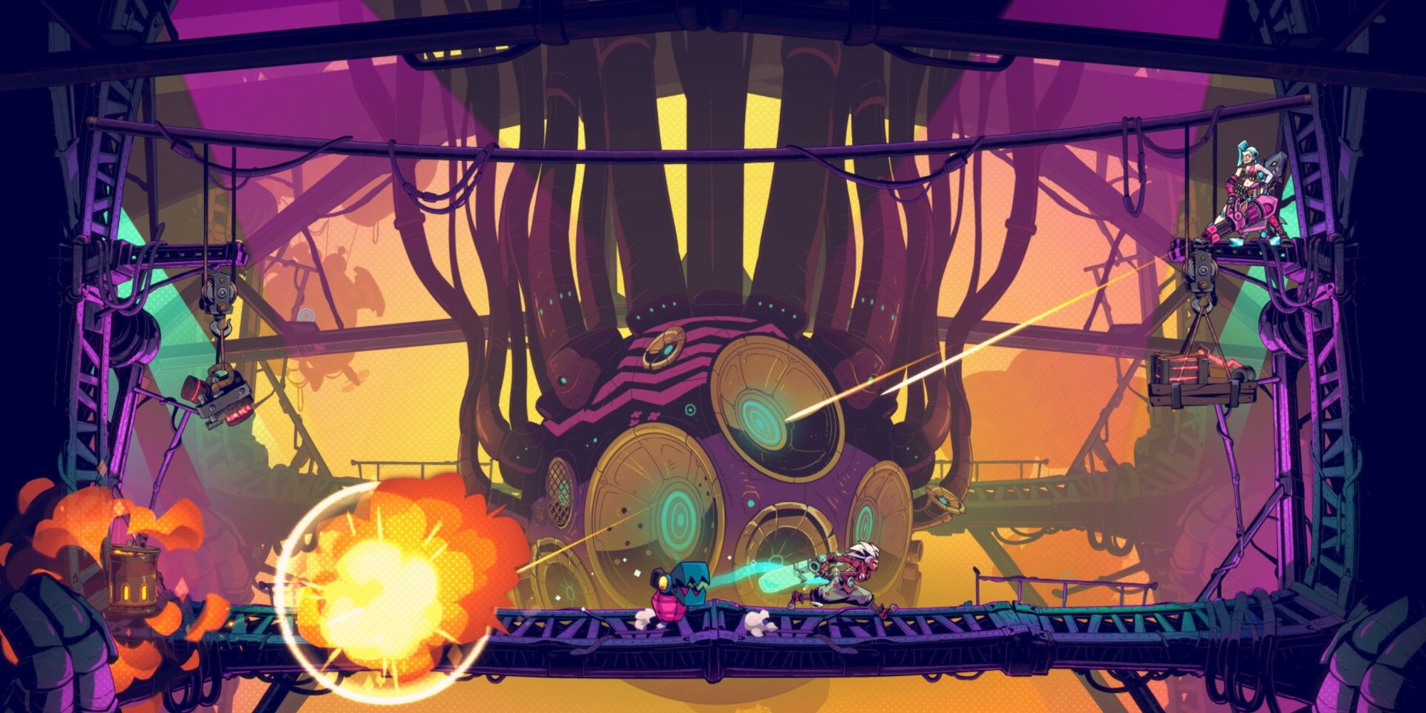 The main protagonist Ekko dashing across a platform during a battle with Jinx in Convergence, an explosion happening behind him.