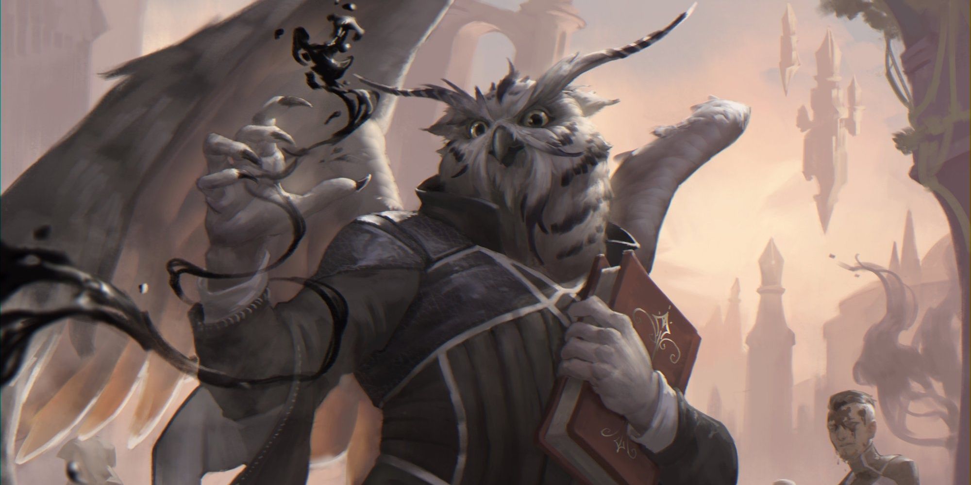 white owlin holding a book and controlling ink with magic