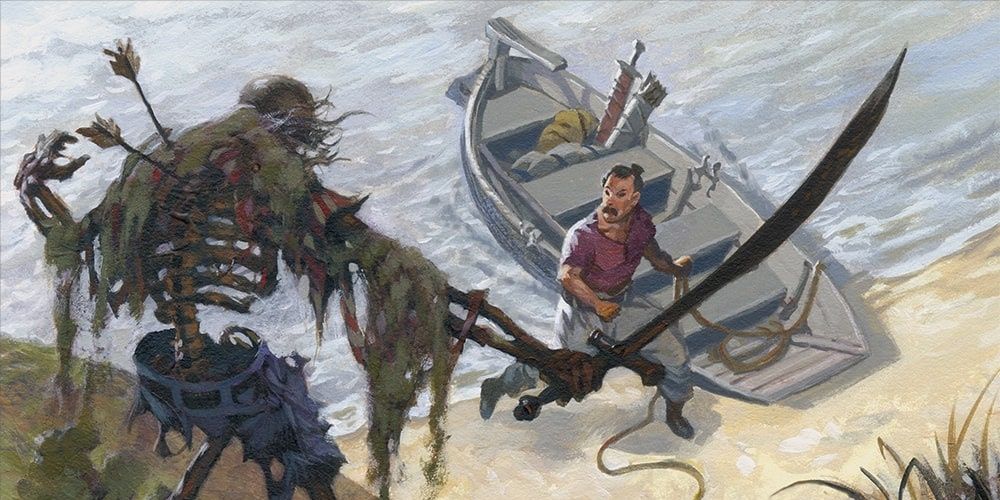 Skeleton ambushes pirate on boat