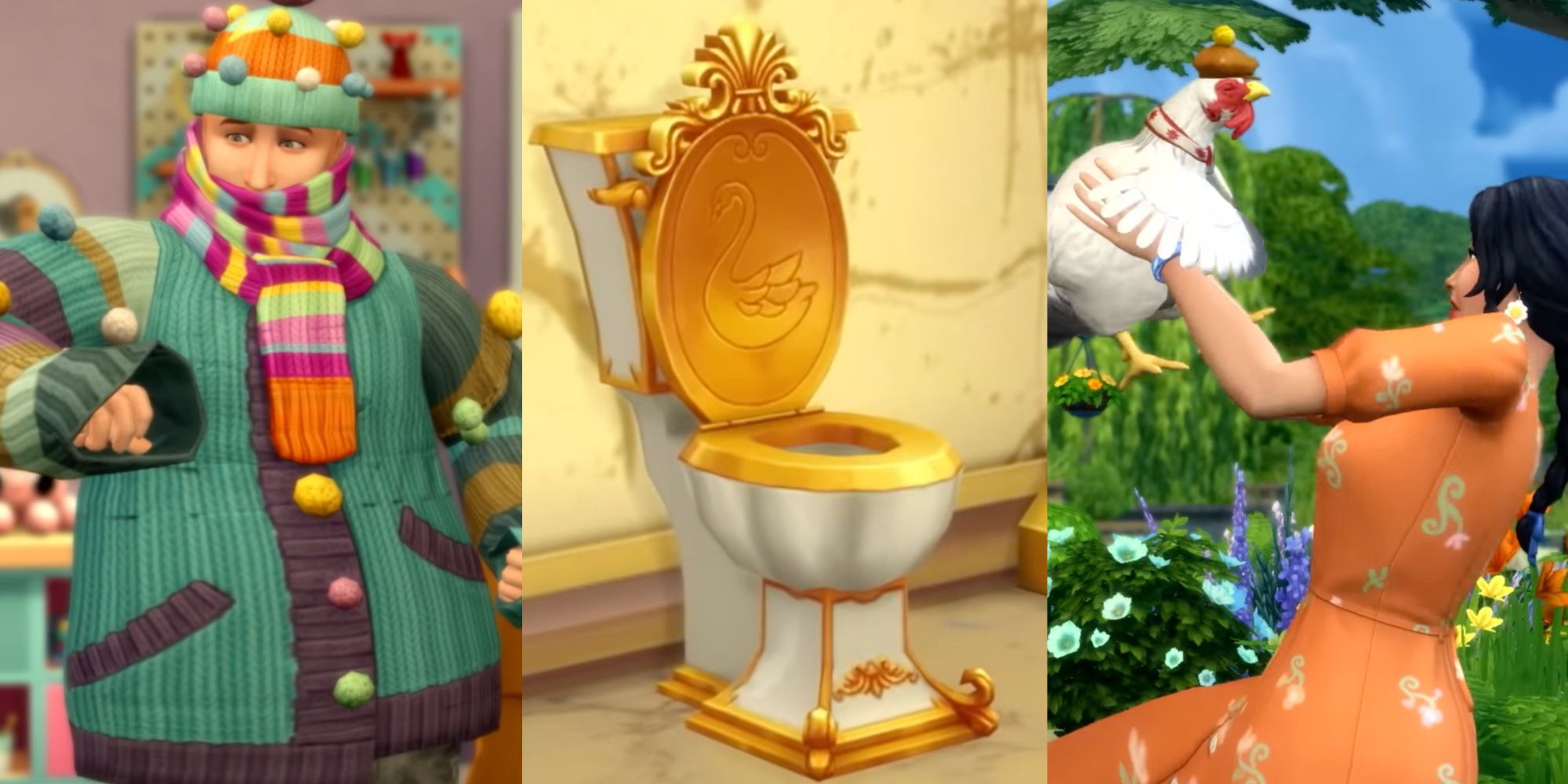 Collage Image of The Sims Series Featuring The Forbidden Sweater, The Swan Throne, and A Sim With A Chicken