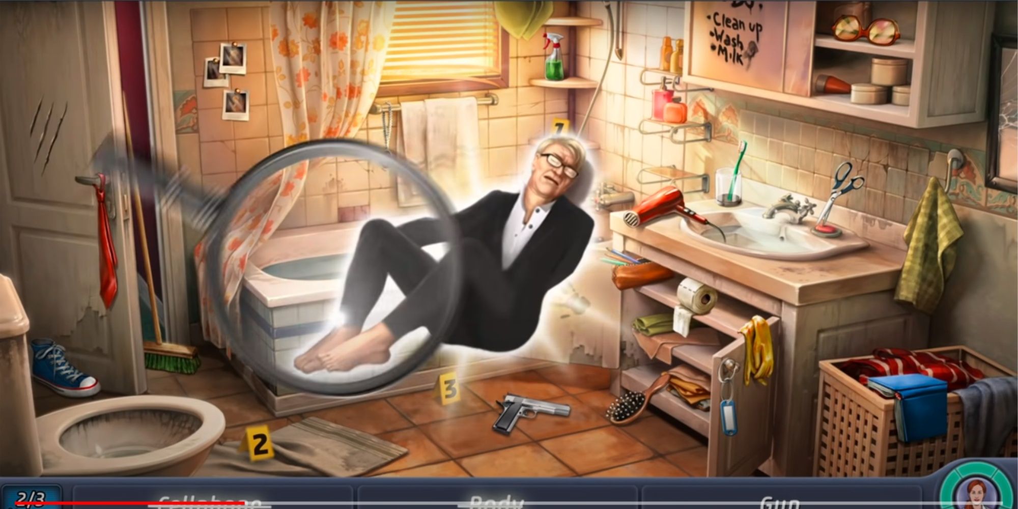 A dead body in a bathtub in the criminal case game