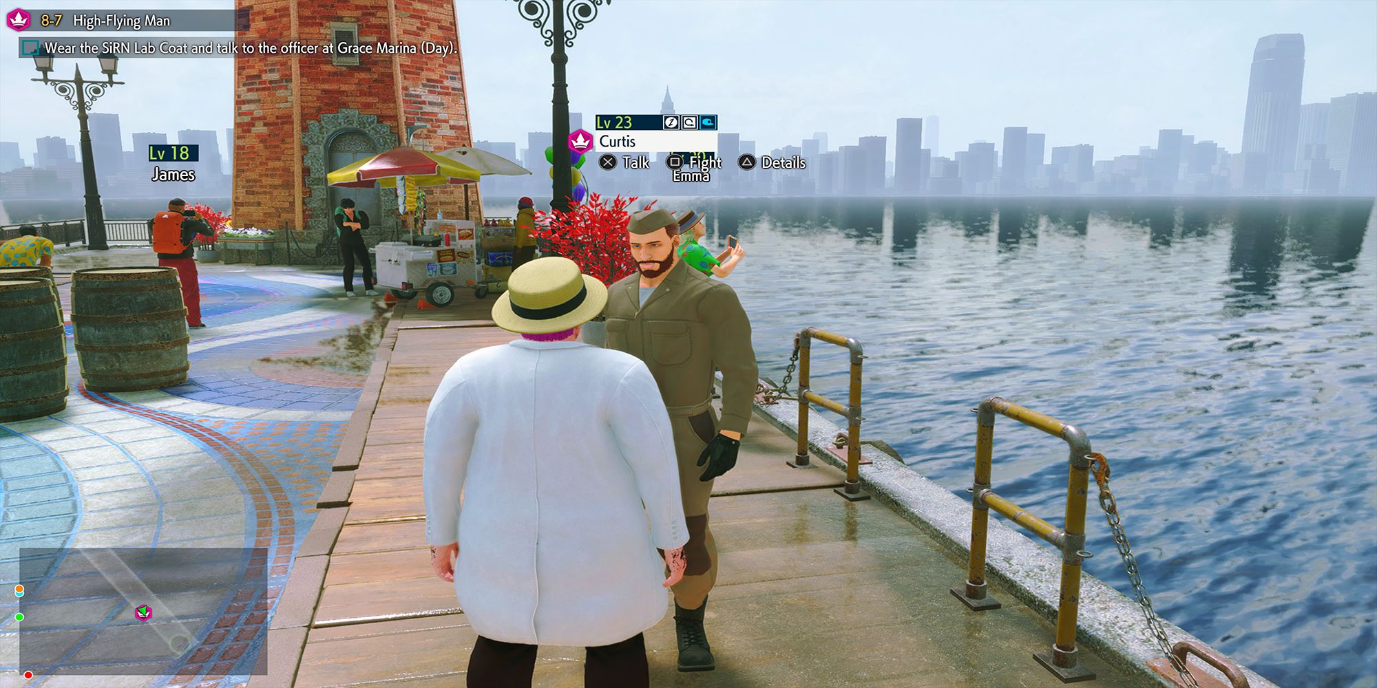 The player avatar stands across from Officer Curtis at Grace Marina in Street Fighter 6.