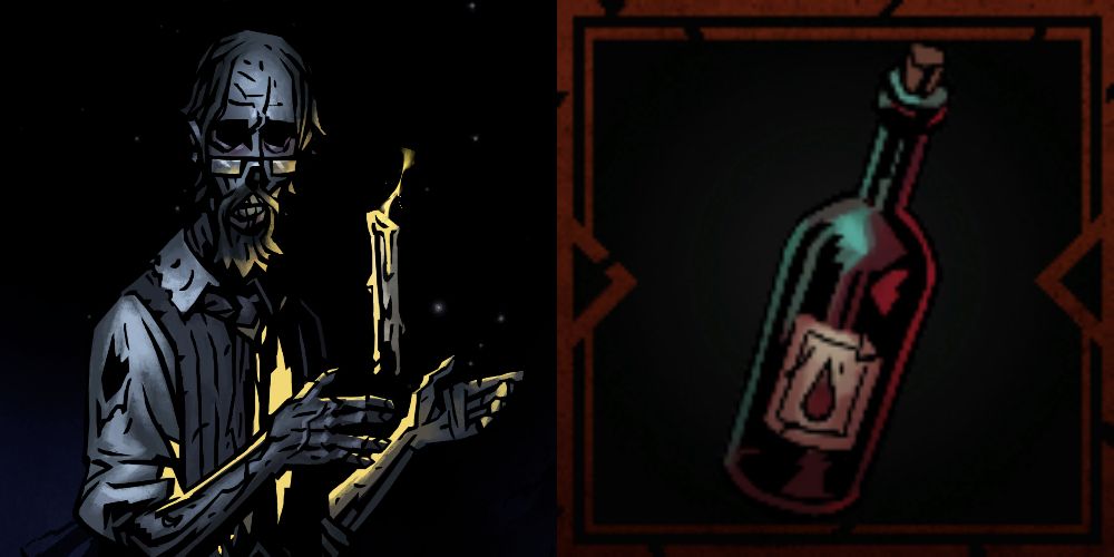 The Academic with a bottle of The Blood at the Altar of Hope in Darkest Dungeon 2