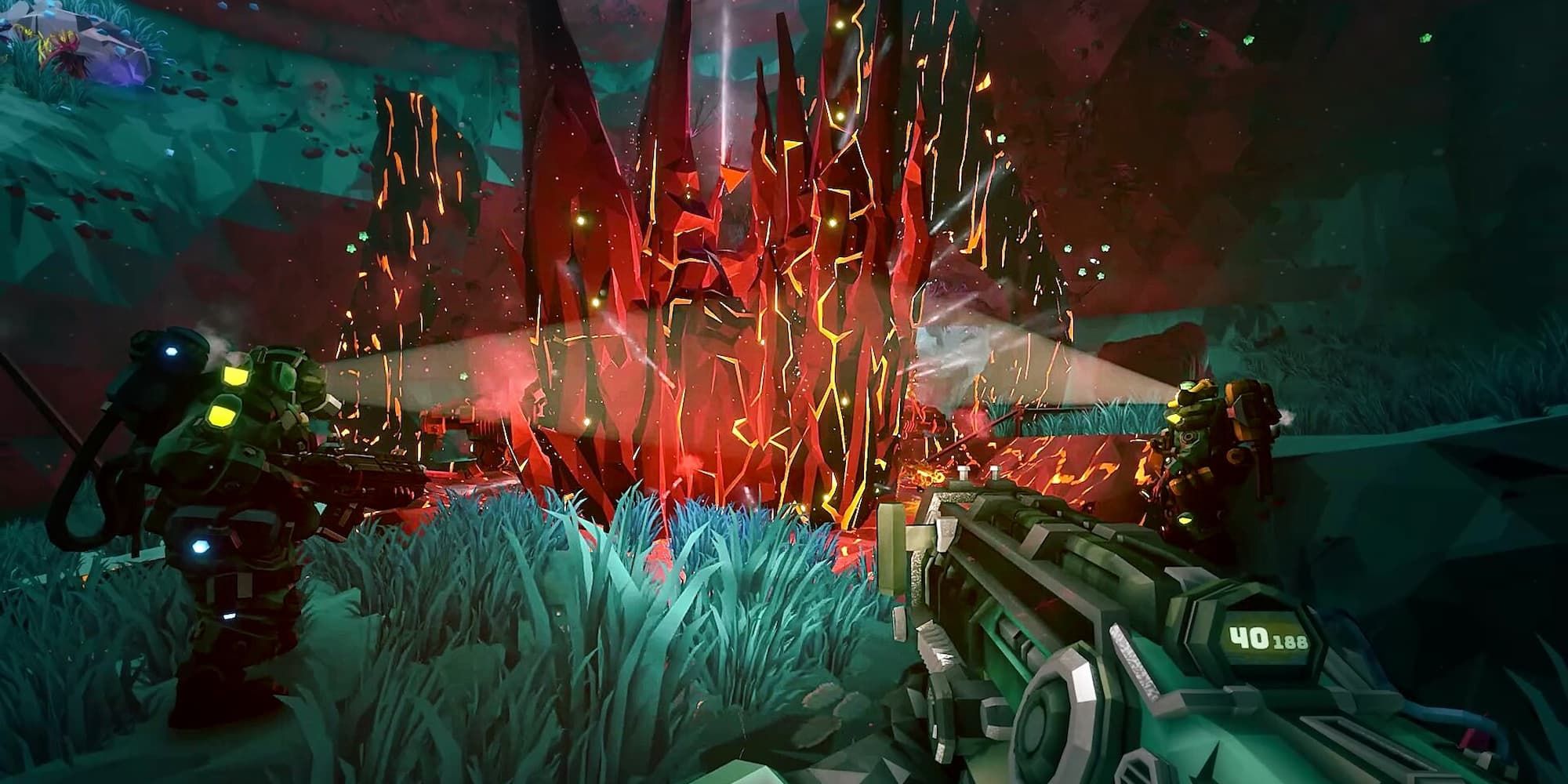 Players scan a red rock structure in Deep Rock Galactic.