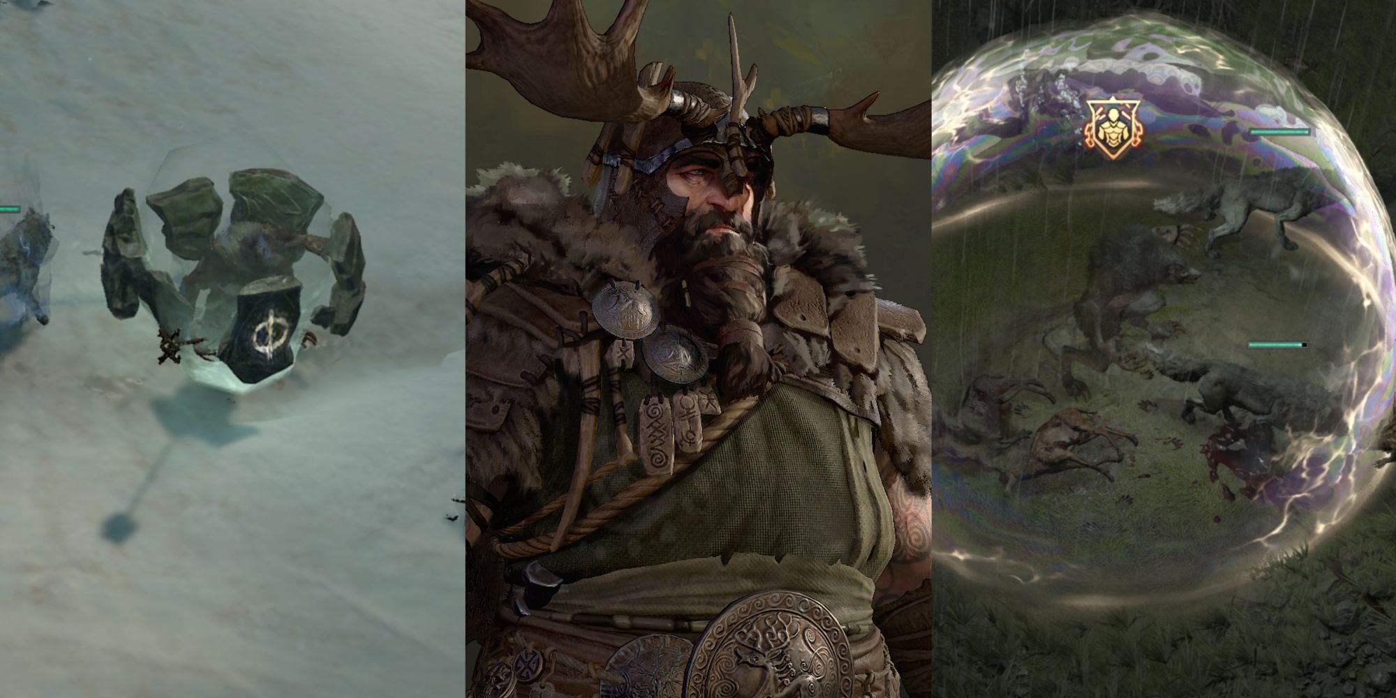 diablo 4 featured image with a werewolf with an earthen shield, a druid, and a werewolf under a shield