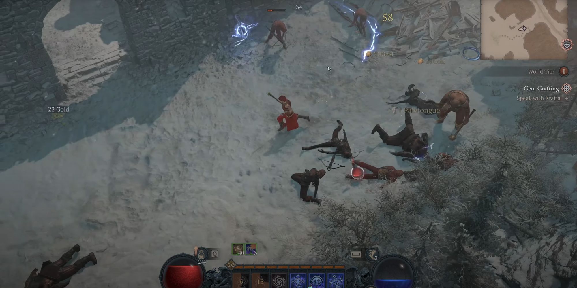 An imafr from Diablo 4 of a sorcerer using the Overflowing Energy key passive, which will cause your crackling energy to chain to one additional enemy.