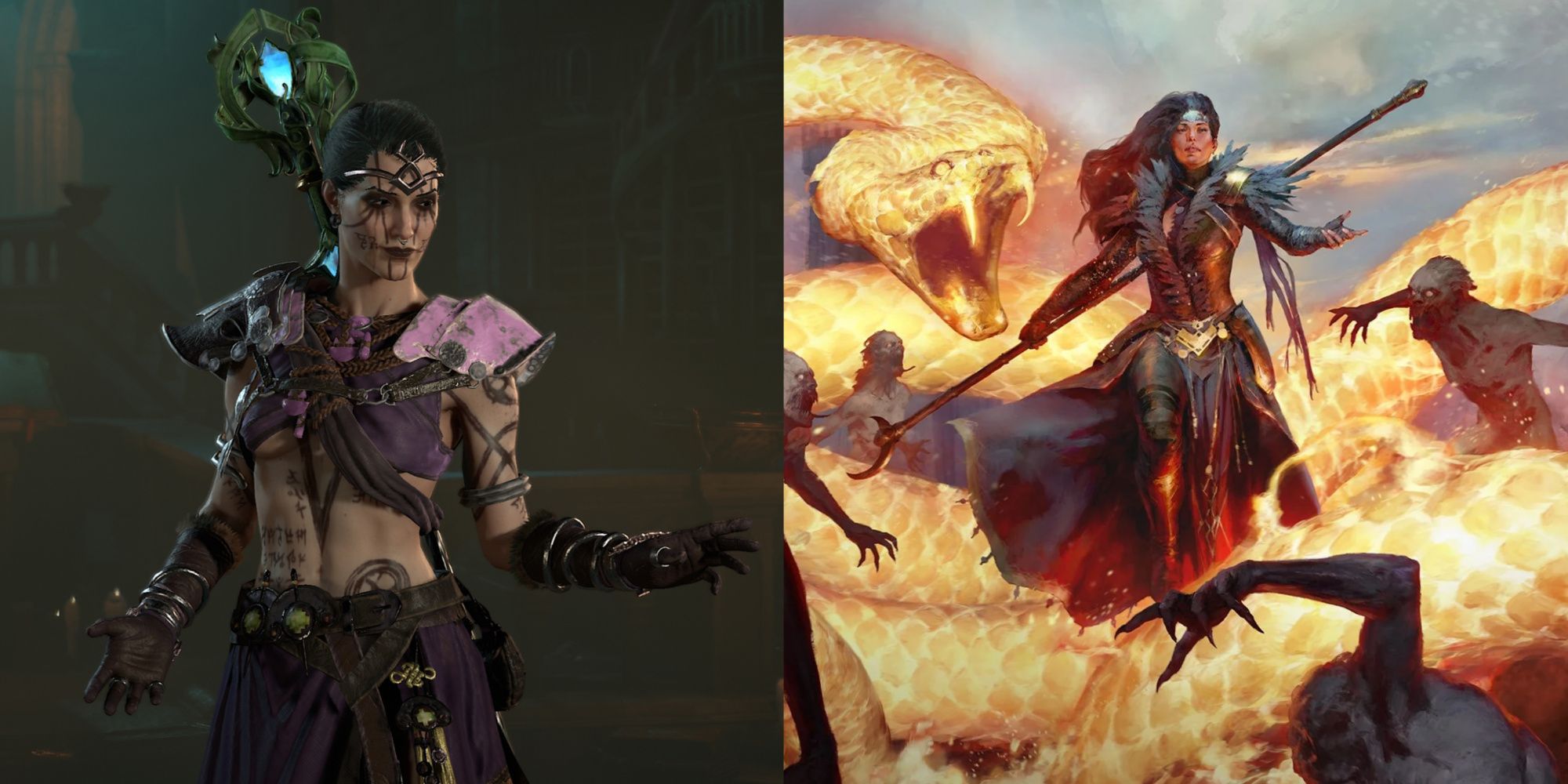 A split image from Diablo 4 of two sorcerers, each wielding powerful fire, ice, and electricity magic.