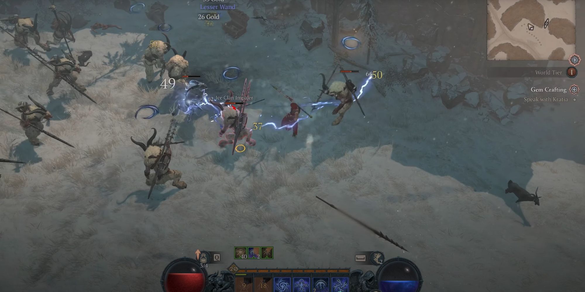 An image of a sorcerer from Diablo 4 battling against multiple enemies at close range. By utilizing the Vyr's Mastery Key Passive, this sorcerer deals increased lightning damage.