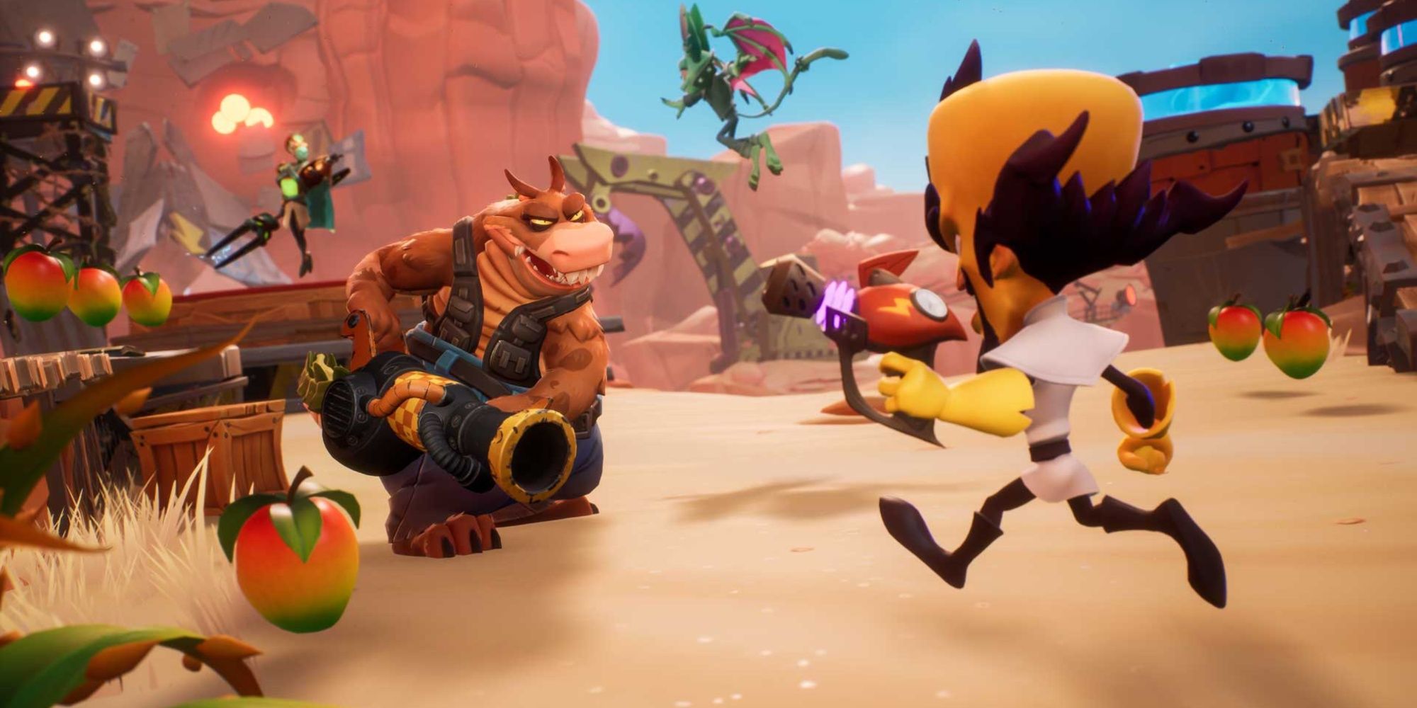Dingodile fighting Cortex while N. Tropy fights Catbat, in Crash Team Rumble