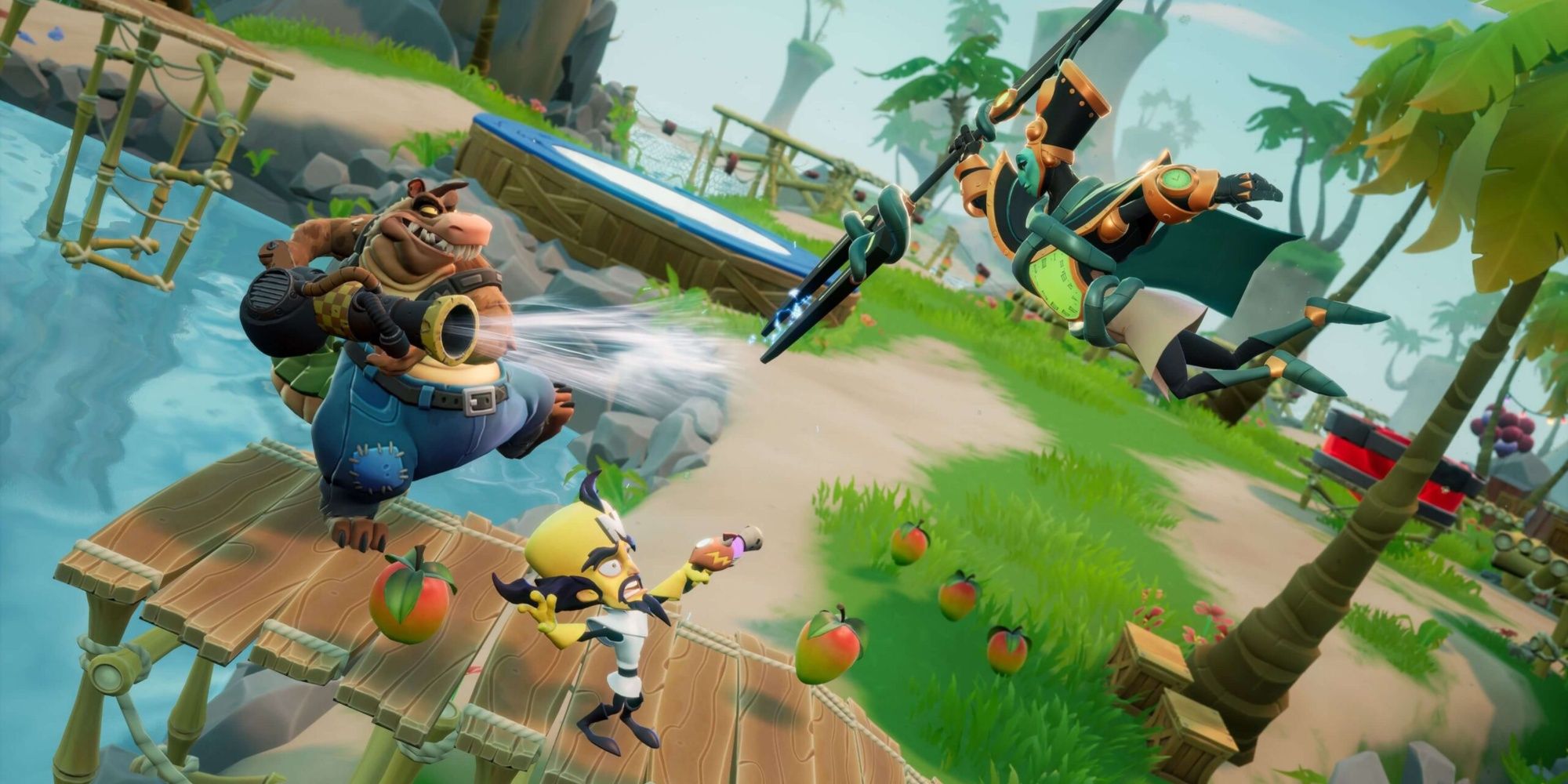 Dingodile sucking Cortex, while N. Tropy charges for an attack, in Crash Team Rumble