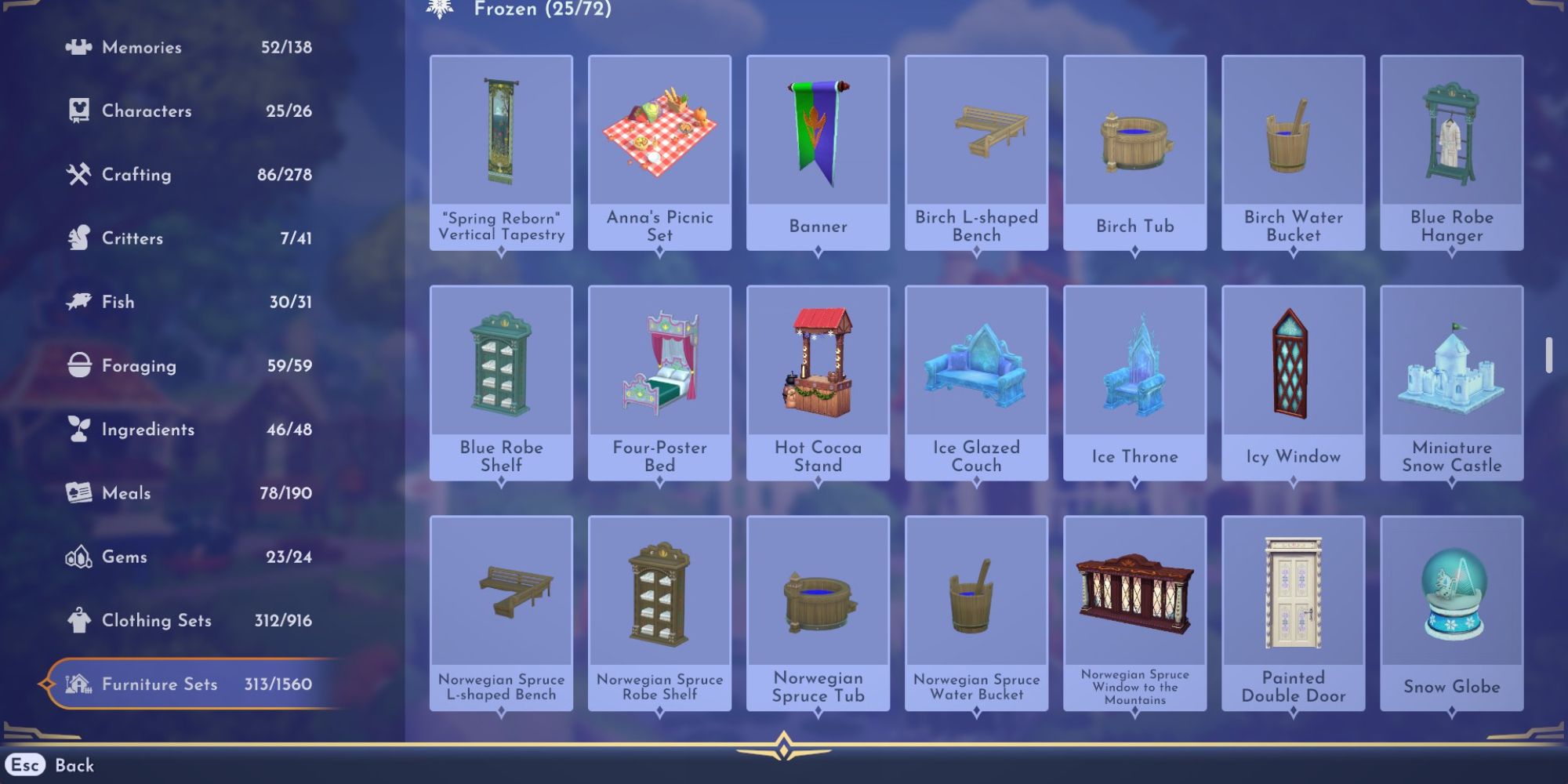 disney dreamlight valley frozen furniture set menu