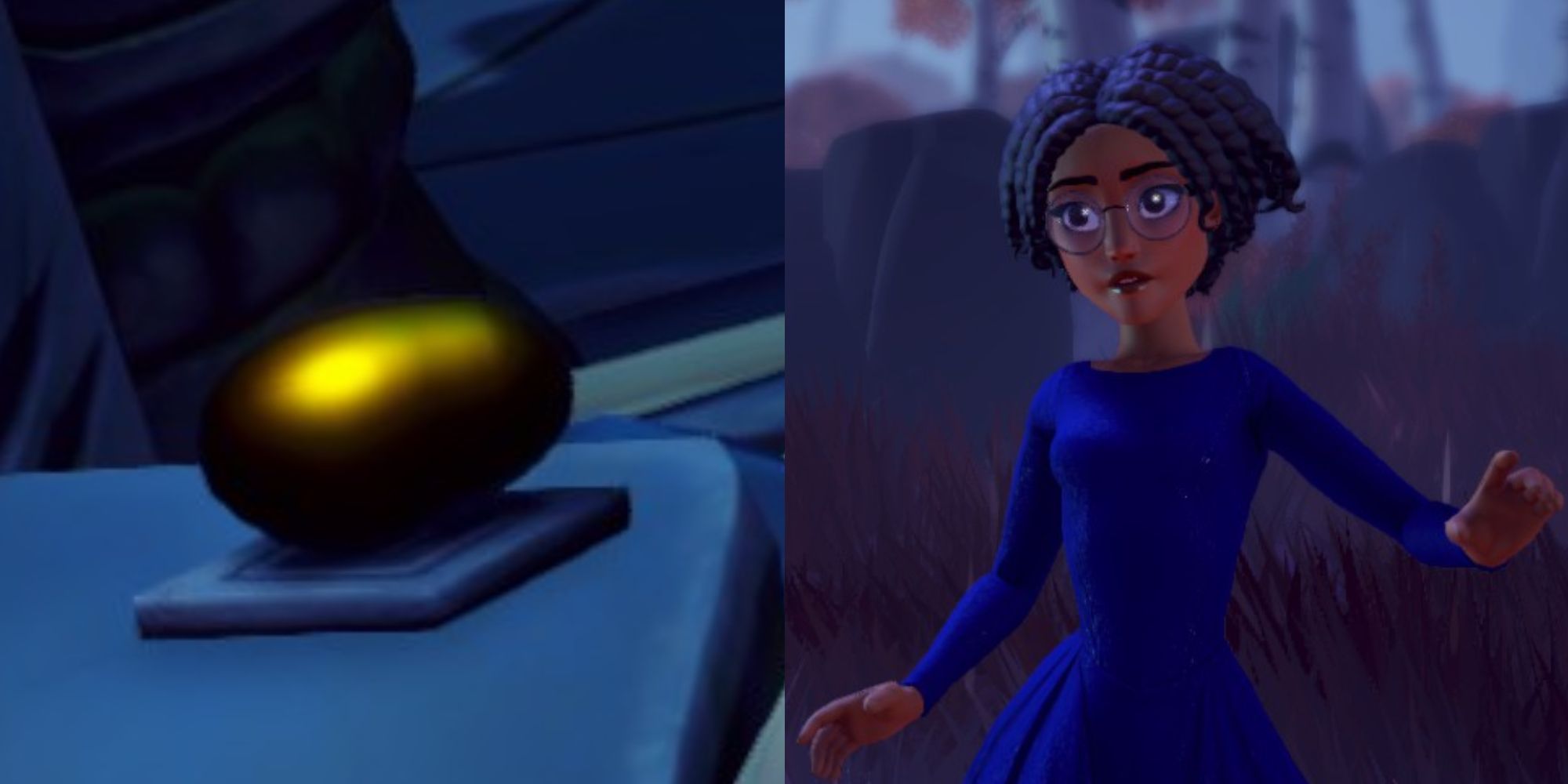 disney dreamlight valley golden potato and player surprised in blue dress