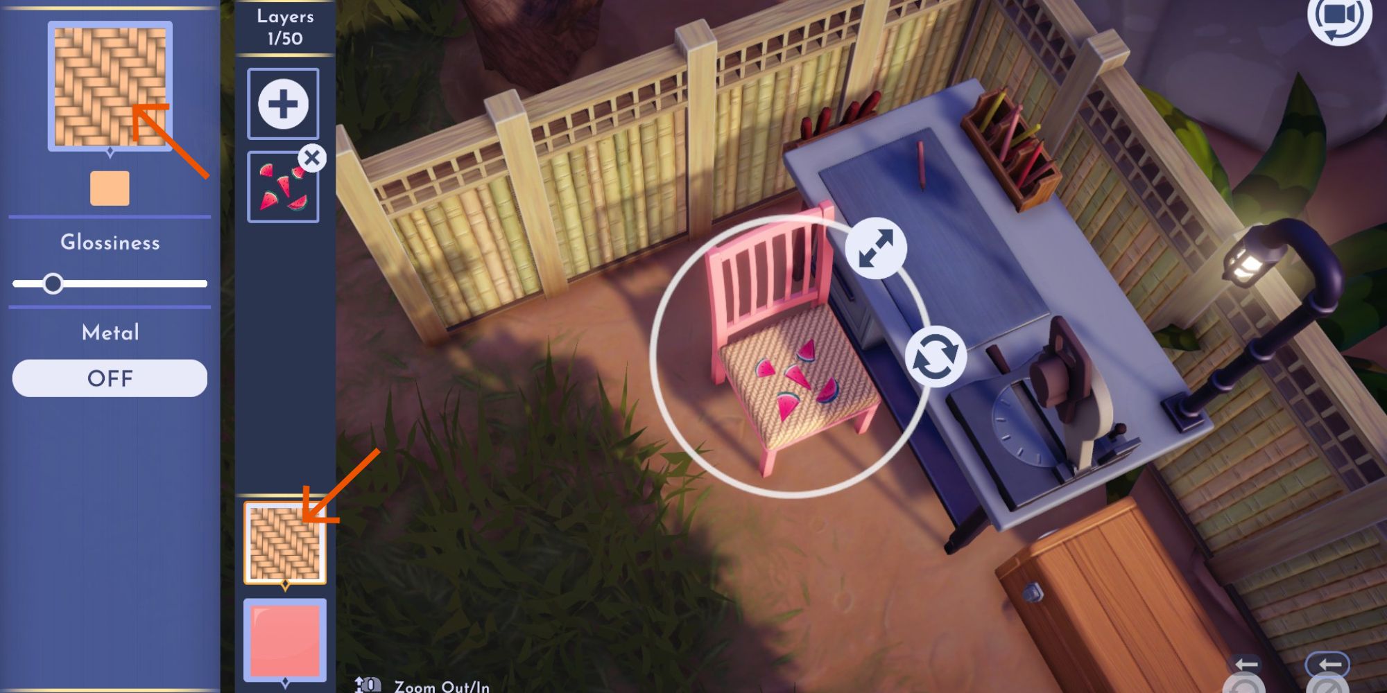disney dreamlight valley selecting textures on a chair in creation mode