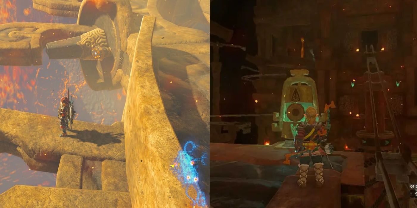 An image of link standing in top of a divine beast next to an image of link doing a puzzle at one of Tears of the Kingdom's temples