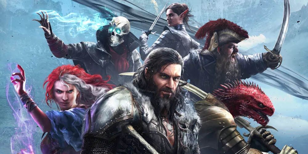 Box art of Divinity Original Sin 2, showing some of the game's main party members, this diverse cast is made up of multiple humans, an elf, a skeleton and a lizard.