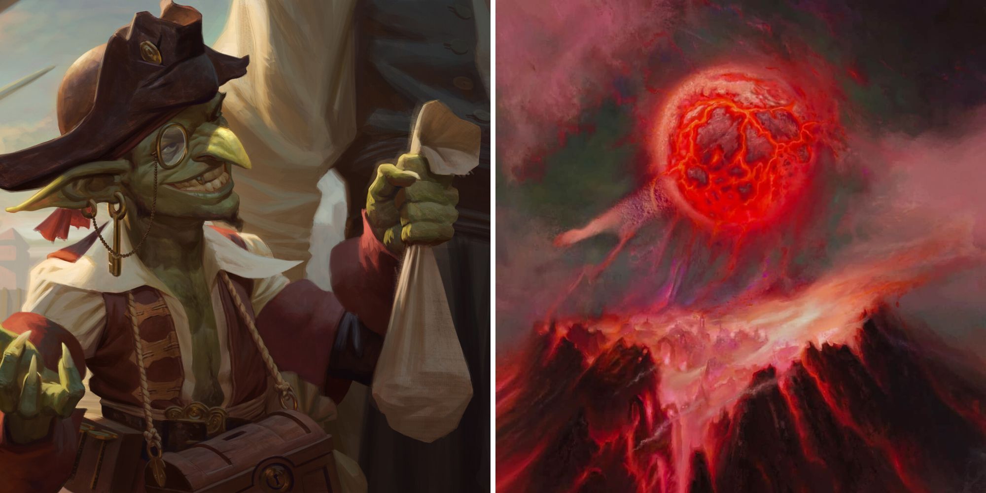 Goblin pirate makes bribe and red meteor moon above mountain