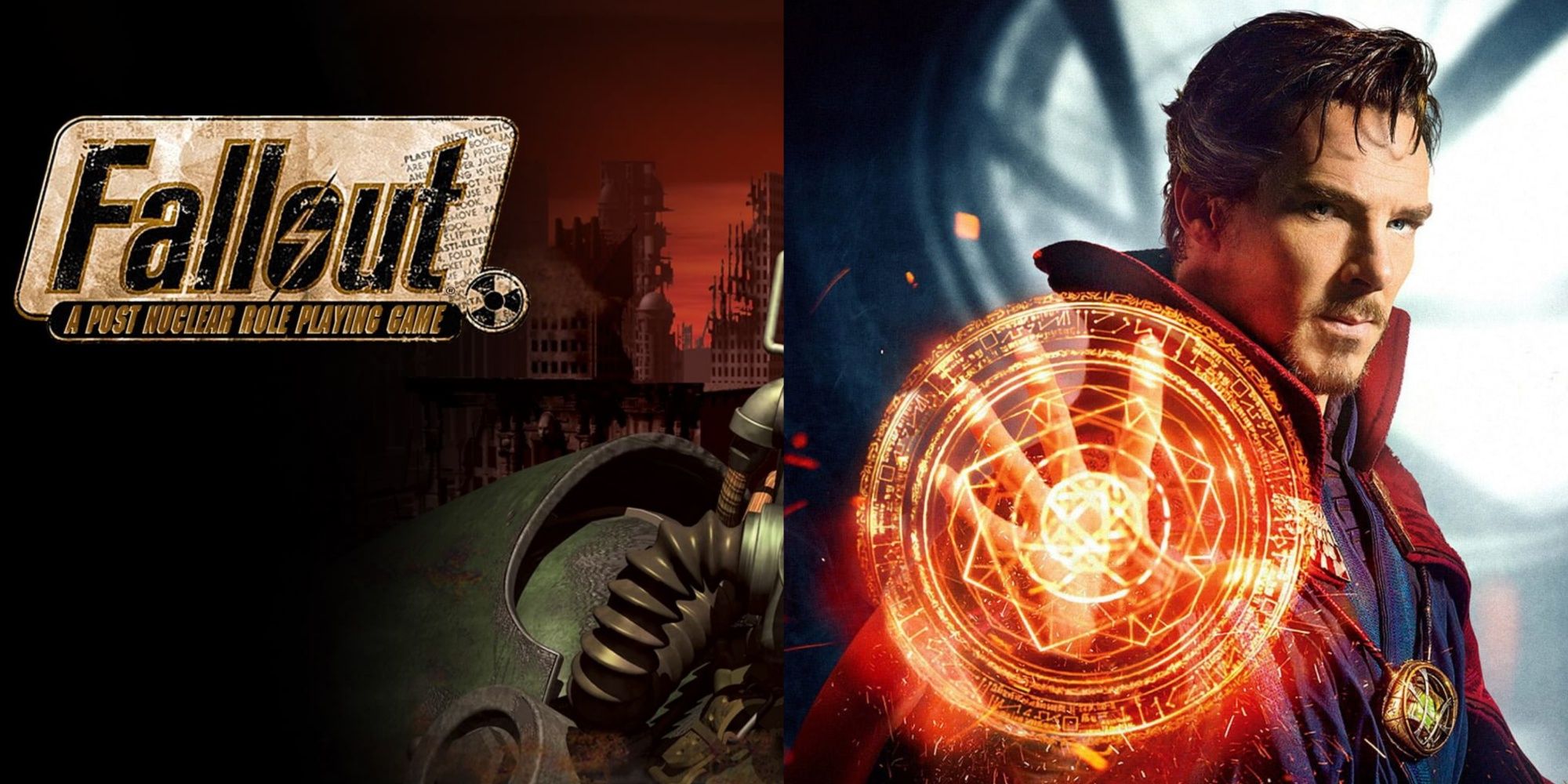 A collage of images featuring the title screen of Fallout and Benedict Cumberbatch as Doctor Strange