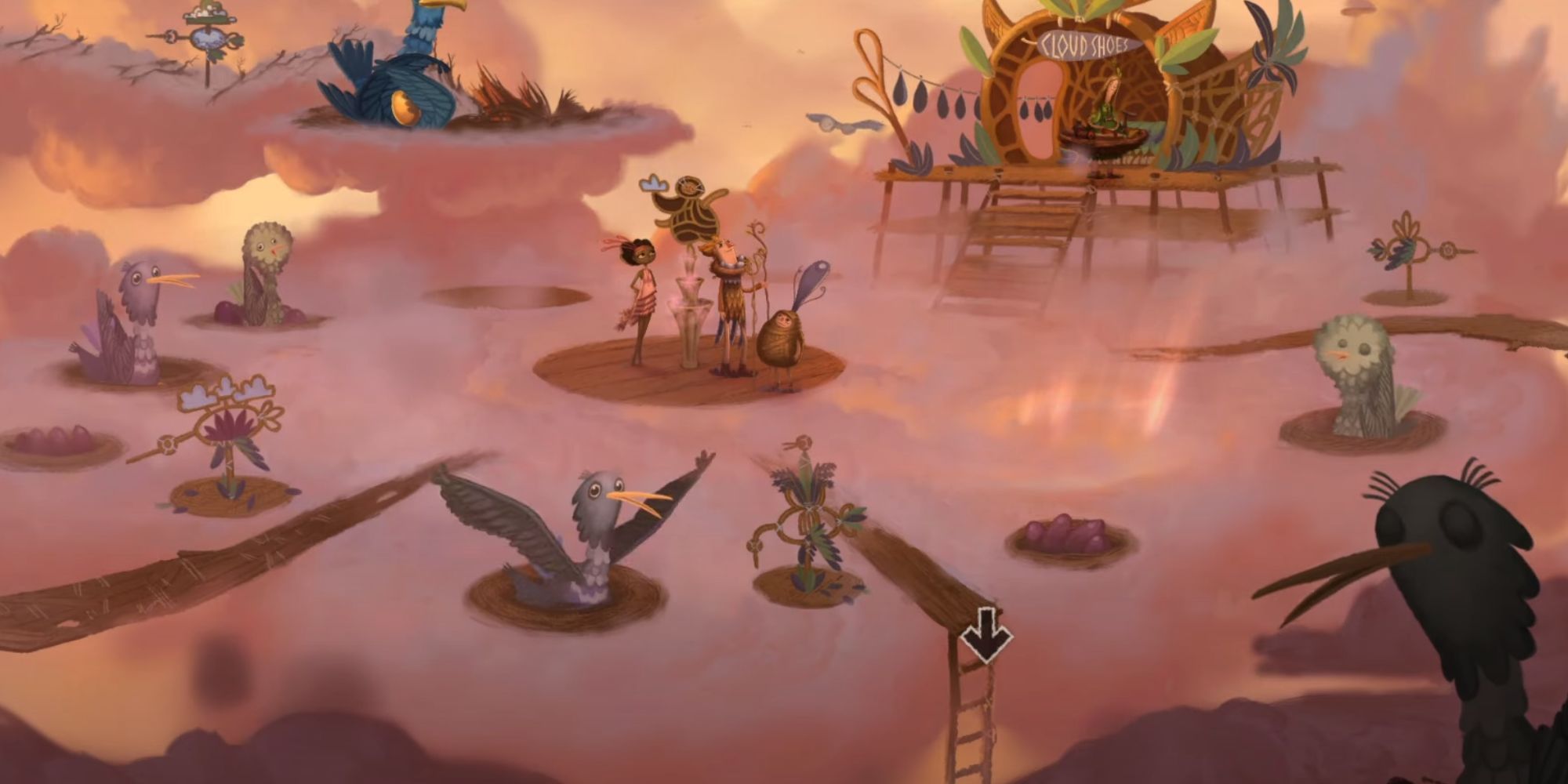 A soft level amongst the clouds with birds and other characters in Double Fine Adventure