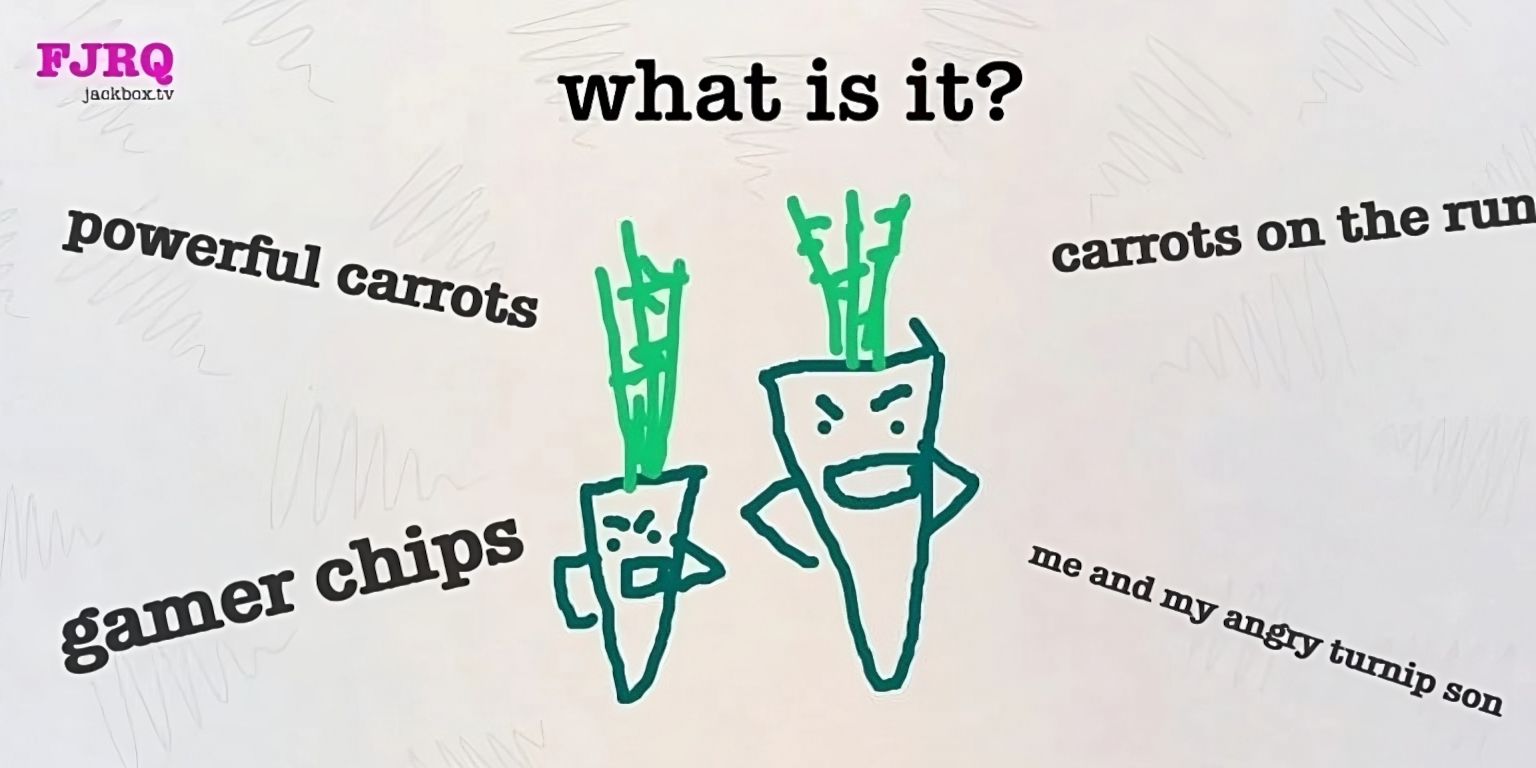 Drawful 2 Poorly Drawn Angry Carrots with Text Around Them