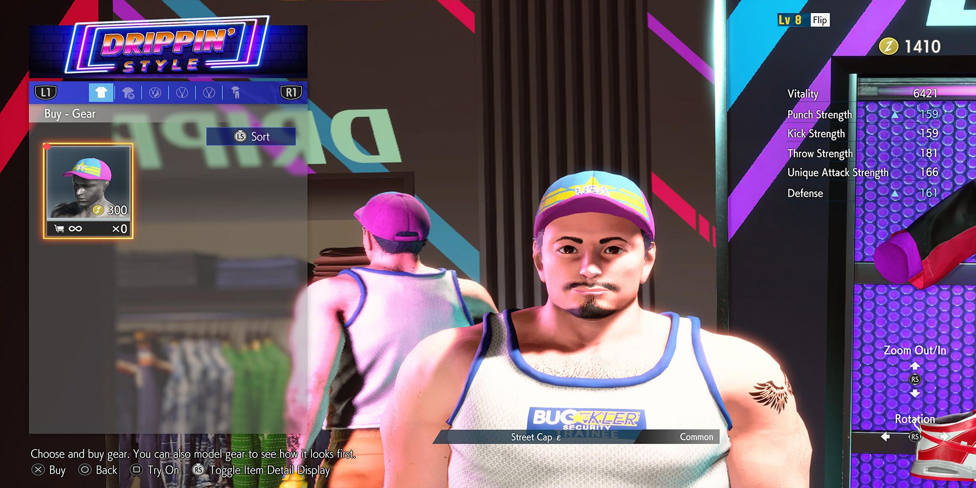 Flip tries on Street Cap ɛ in the Drippin' Style shop in Street Fighter 6's World Tour mode.