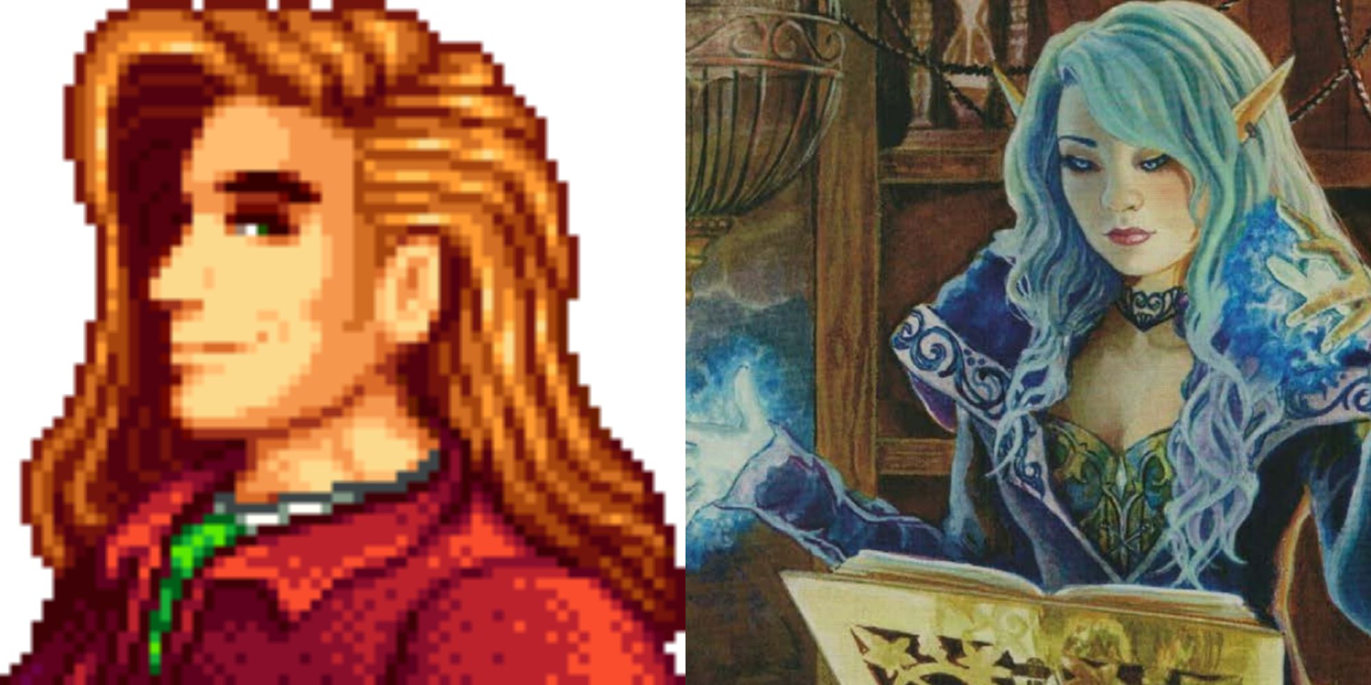 Dungeons and Dragons and Stardew Valley elven wizard casting a spell while looking at a book and elliott-1
