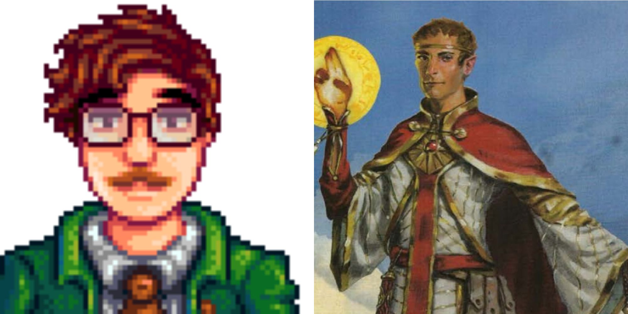 Dungeons and Dragons and Stardew Valley half elf cleric art from the player's handbook and Harvey-1