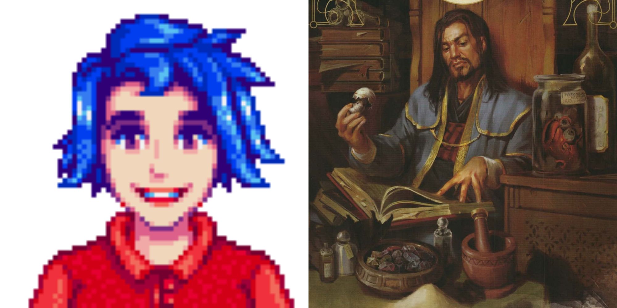 Dungeons and Dragons and Stardew Valley man looking at a mushroom from the player's handbook and emily-1