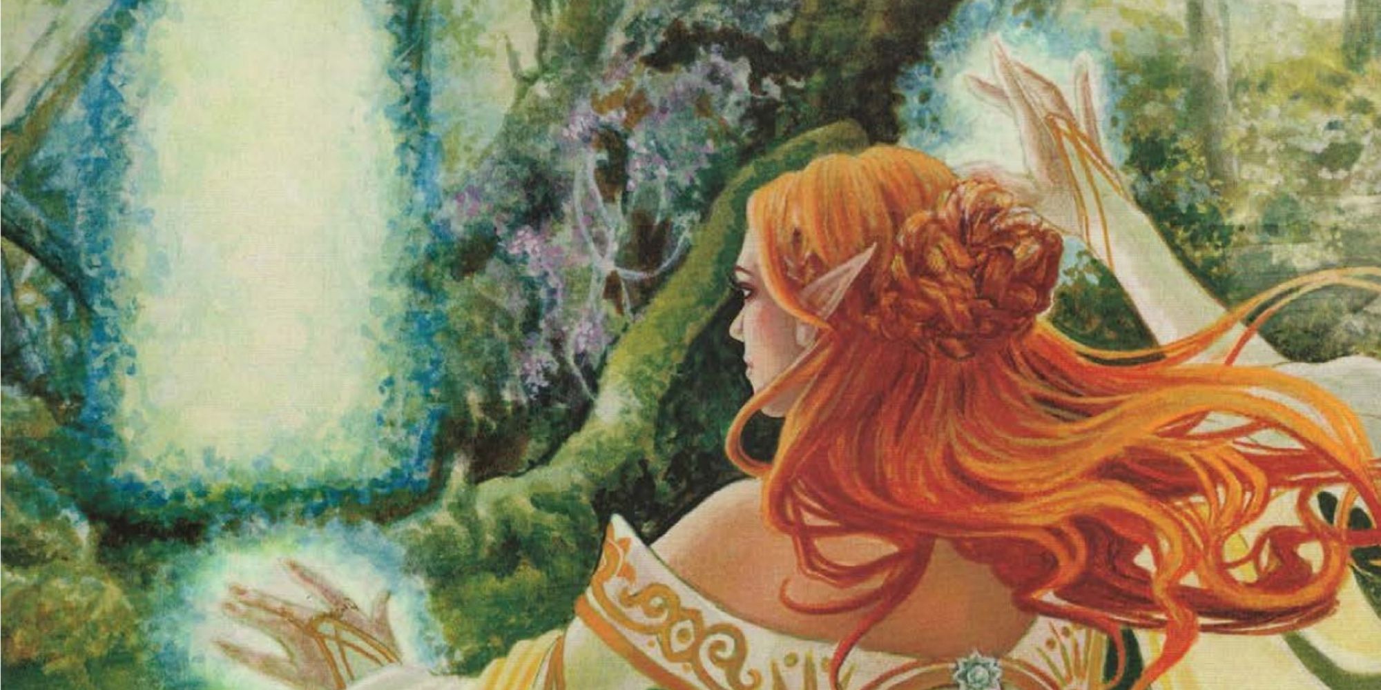 Dungeons and Dragons elven mage casting a spell in a forest area