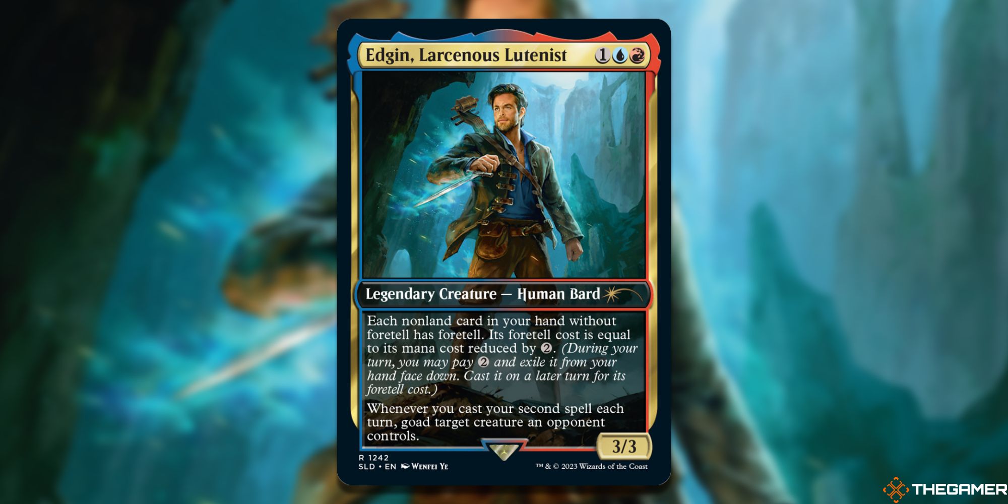 Image of the Edgin, Larcenous Lutenist card in Magic: The Gathering, with art by Wenfei Ye