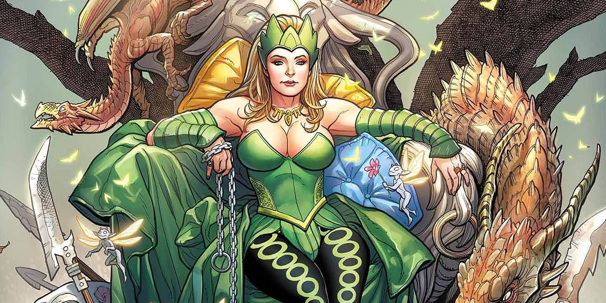 Enchantress from Marvel Comics sitting upon a throne 