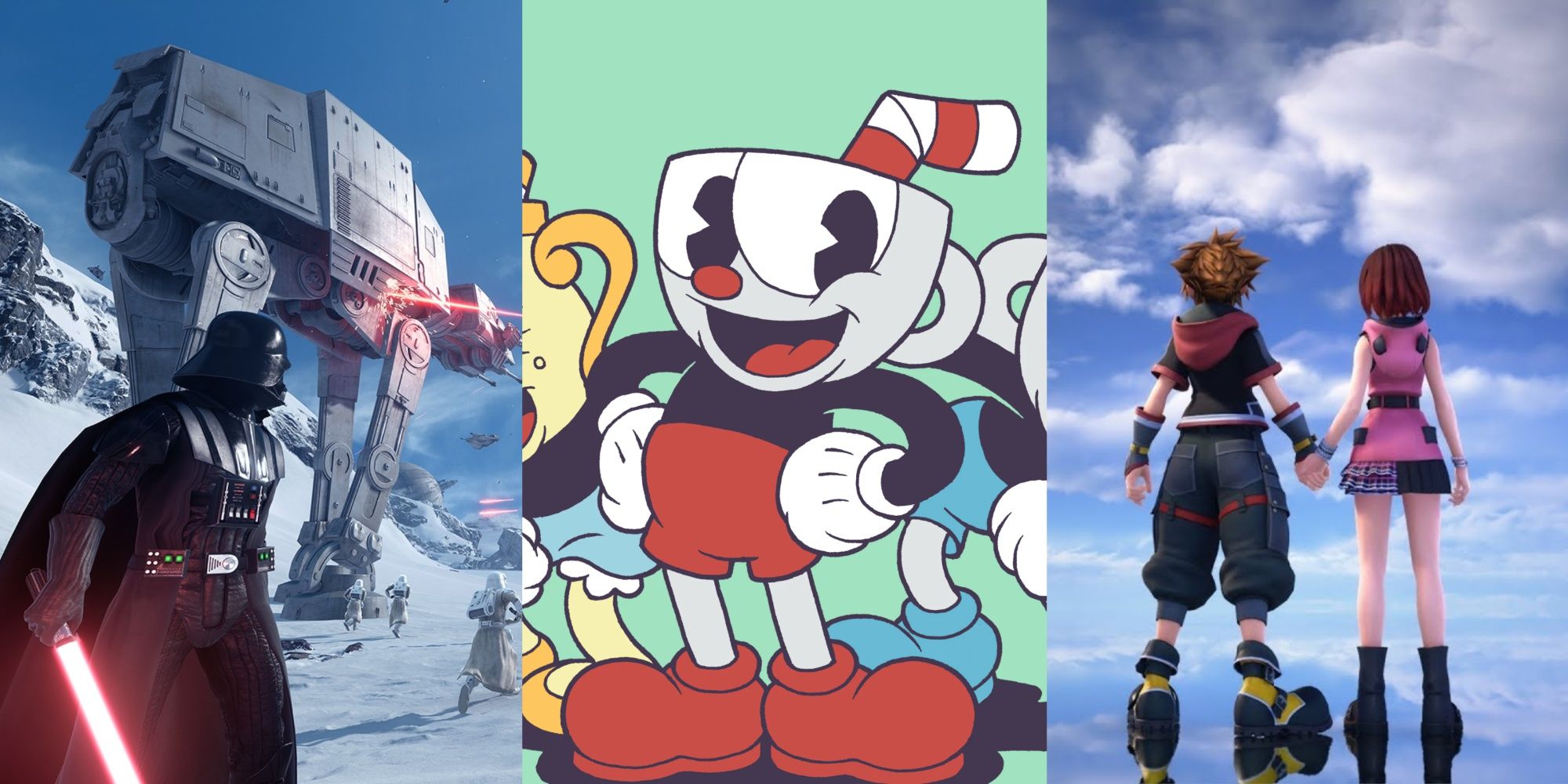 Darth Vader assaults Hoth, Cuphead poses, and Sora and Kairi stand in the sky