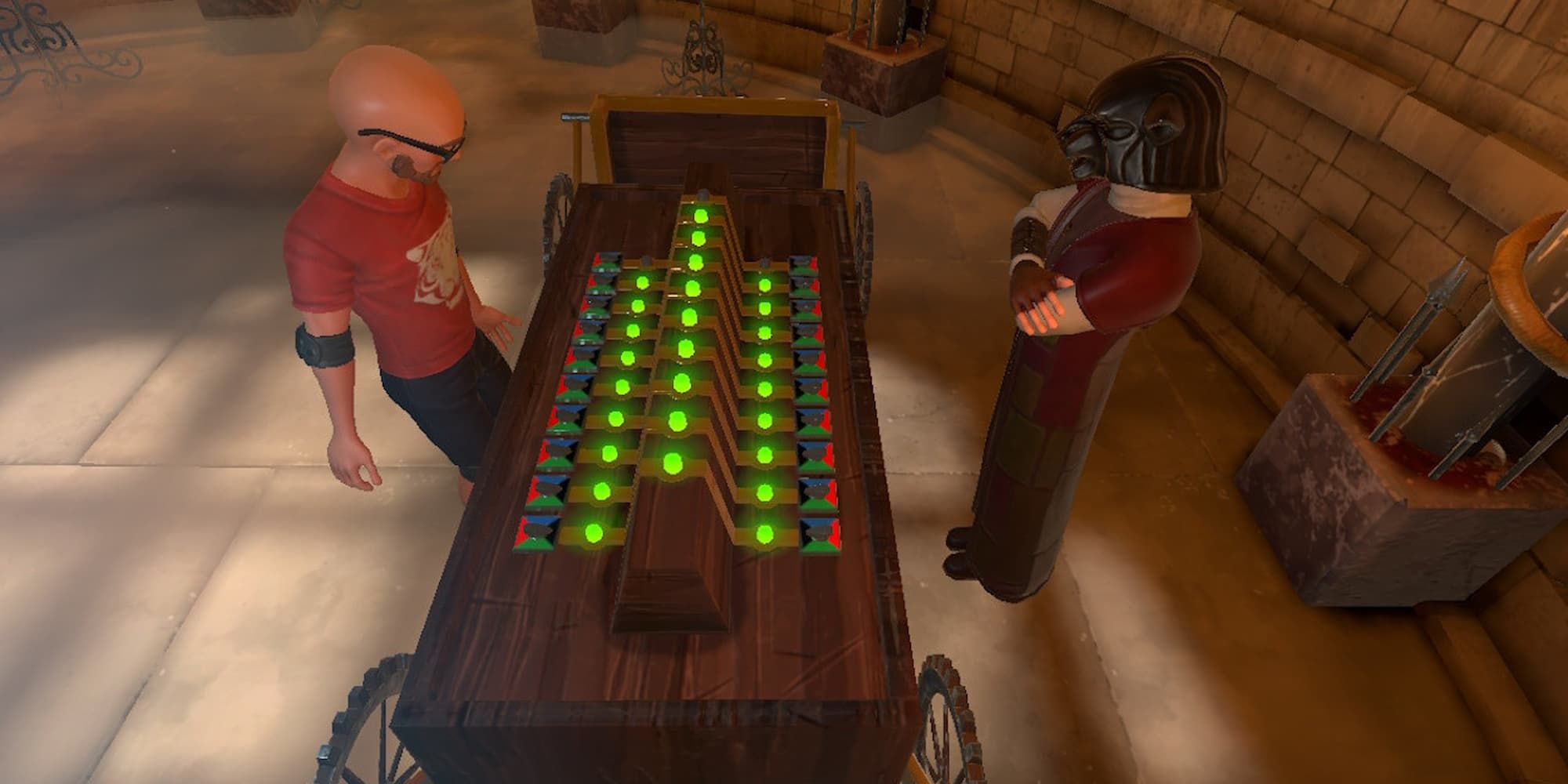 Two players stand over a lit up machine in Escape Game - Fort Boyard.