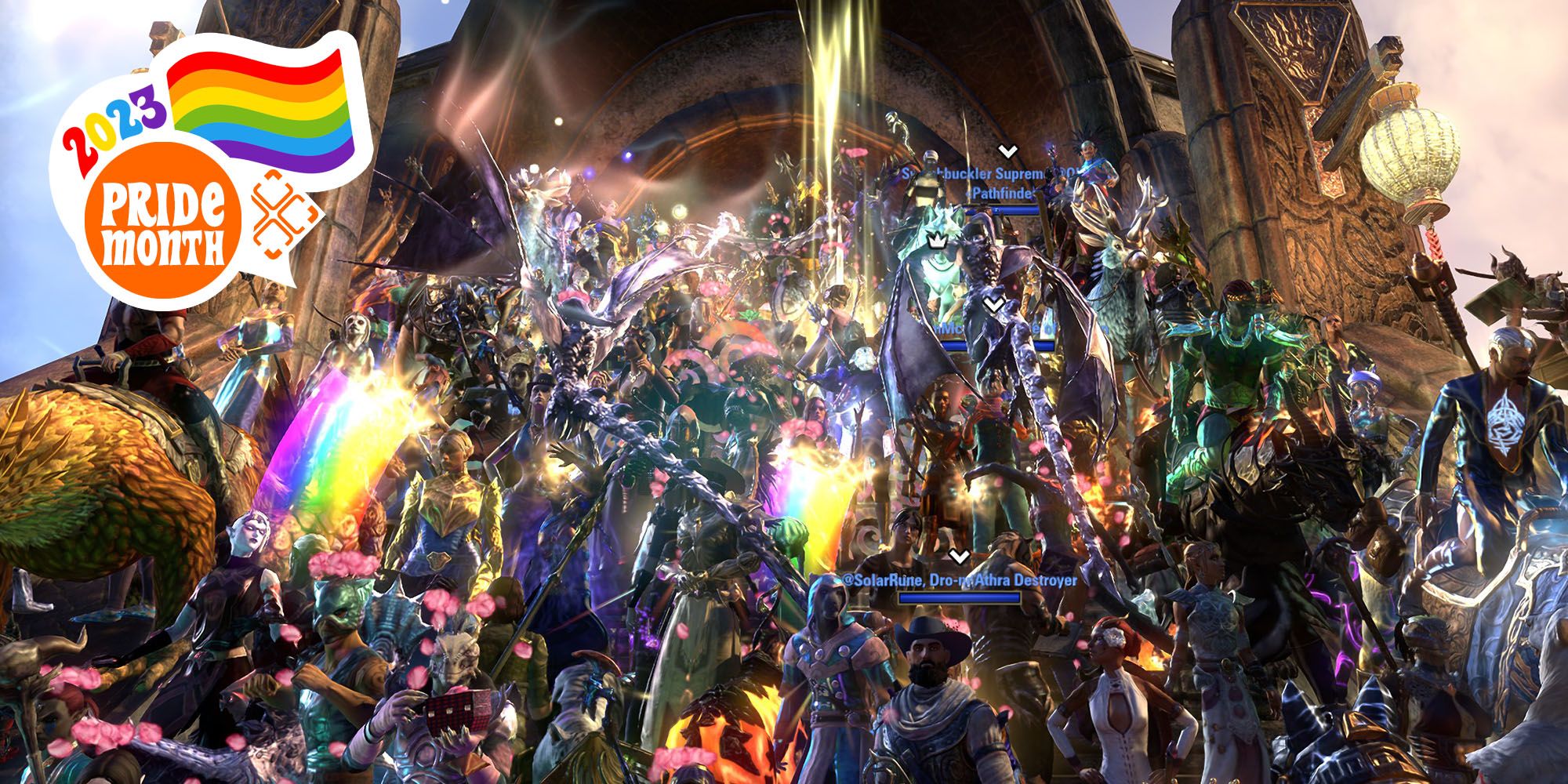 The Elder Scrolls Online hundreds of players on the steps of Vivec City celebrating Pride Month