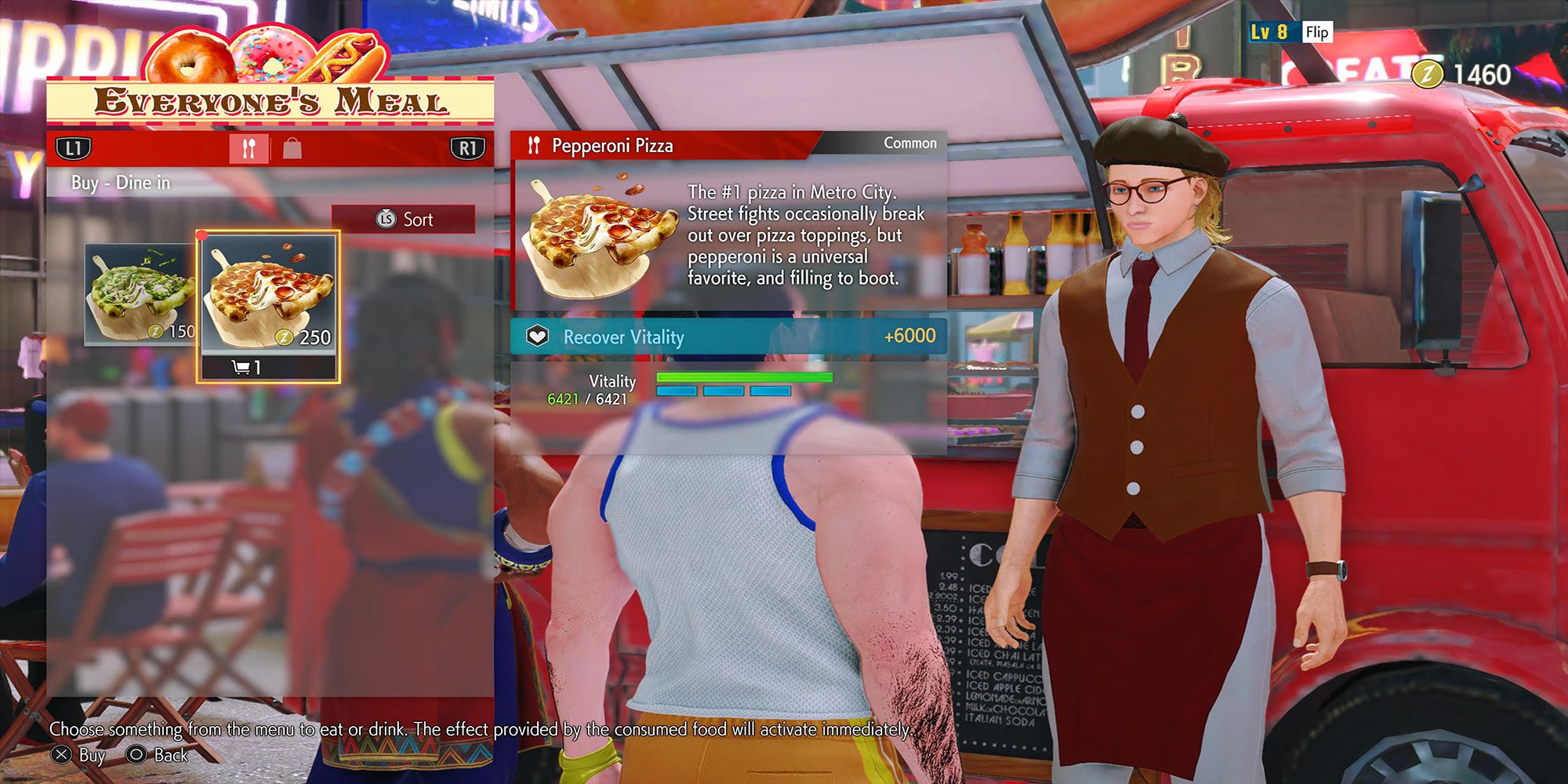 Flip orders a Pepperoni Pizza from Shopkeeper Biz at Everyone's Meal, a shop in Street Fighter 6.