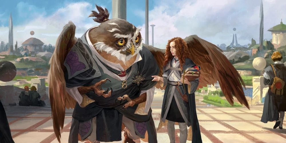 owling speaking to human student holding books outdoors