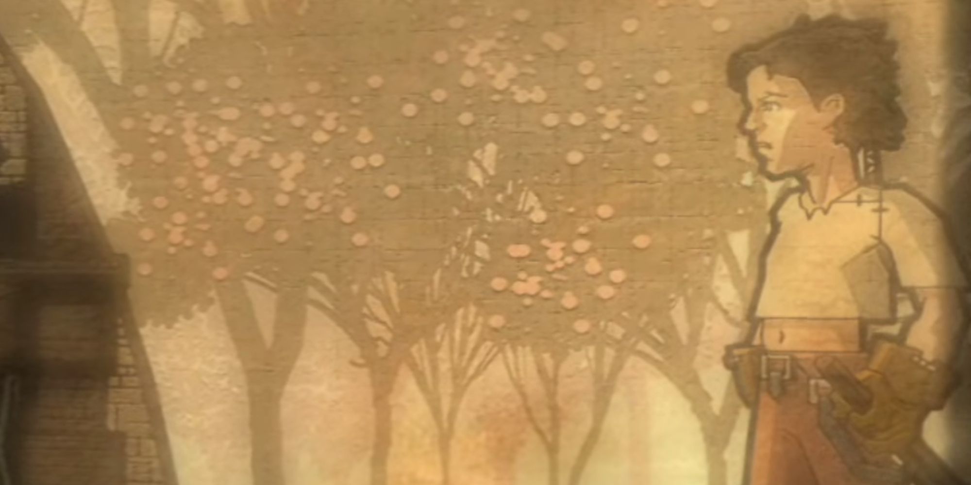 The young male hero in Fable standing with a wooden sword near some trees. He is depicted in a 2D artstyle.