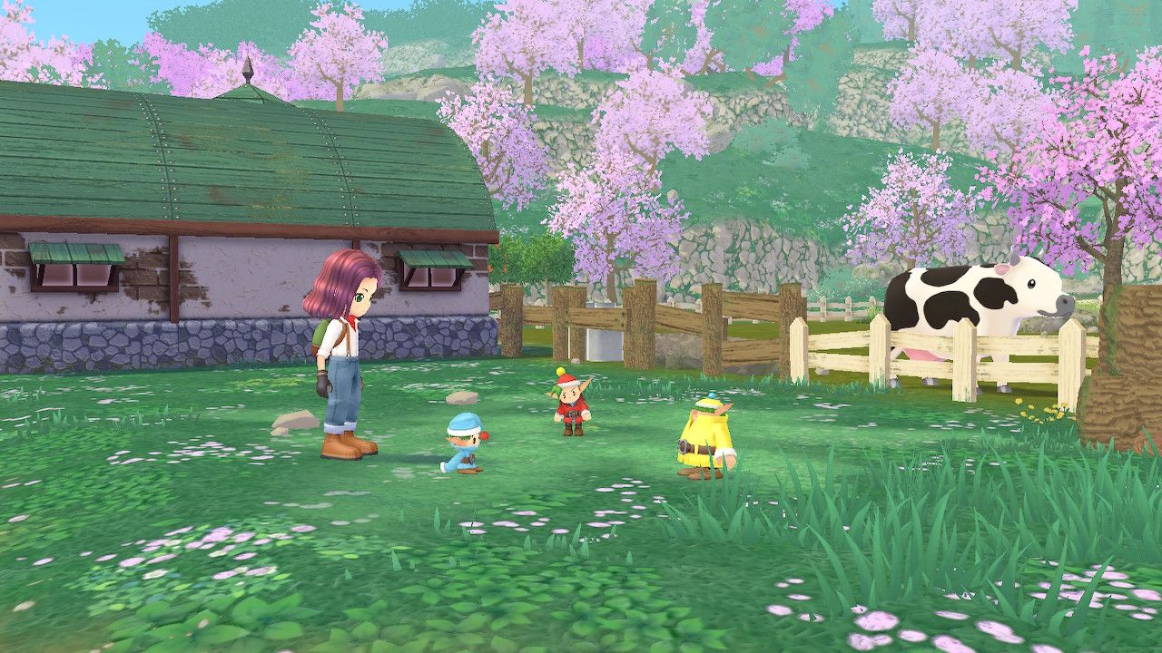 farmer in her field with the forest sprites and a cow story of seasons a wonderful life livestock guide