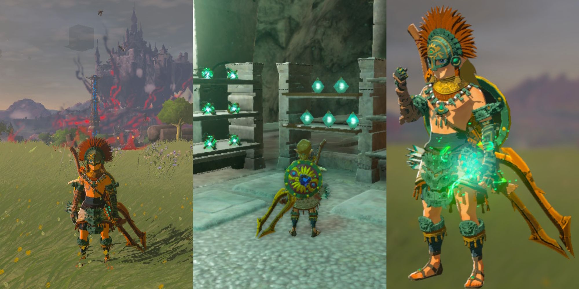 featured image the legend of zelda tears of the kingdom featuring link wearing the complete zonaite armor, standing in an abandonded zonaite mine in front of charges, and crushing a charge in the menu