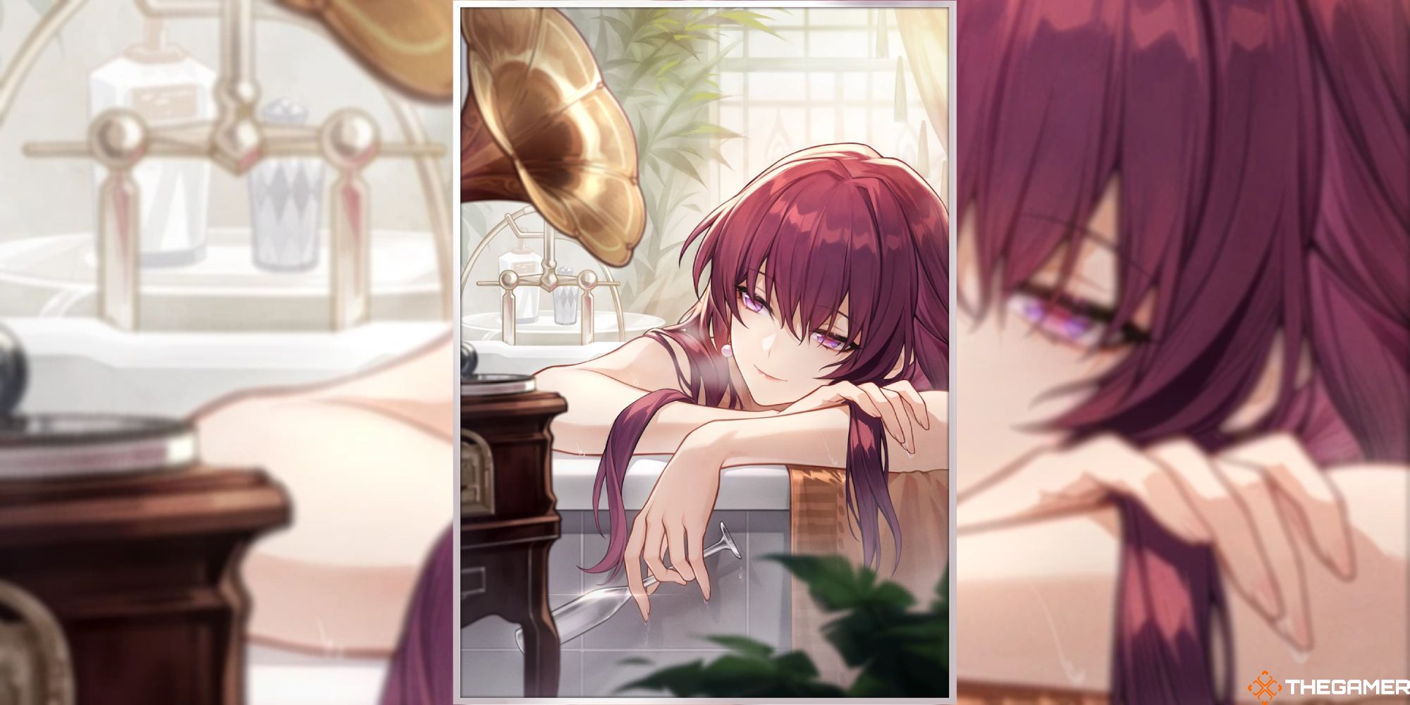 An image of the Fermata Light Cone Artwork from Honkai Impact, which depicts Kafka lounging in the bathtub listening to music.
