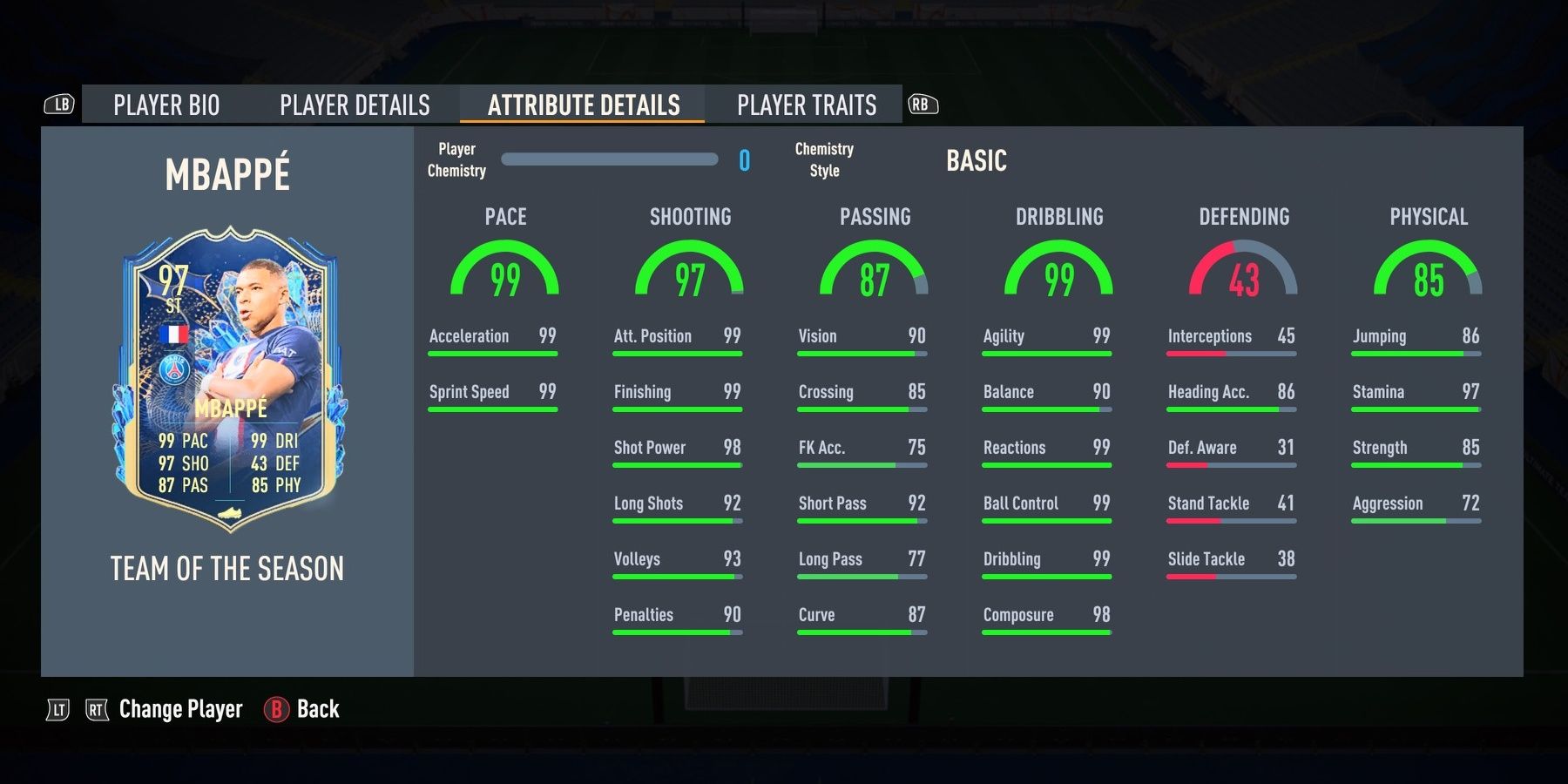 Kylian Mbappe's TOTS stats displayed in the FIFA 23 menu.