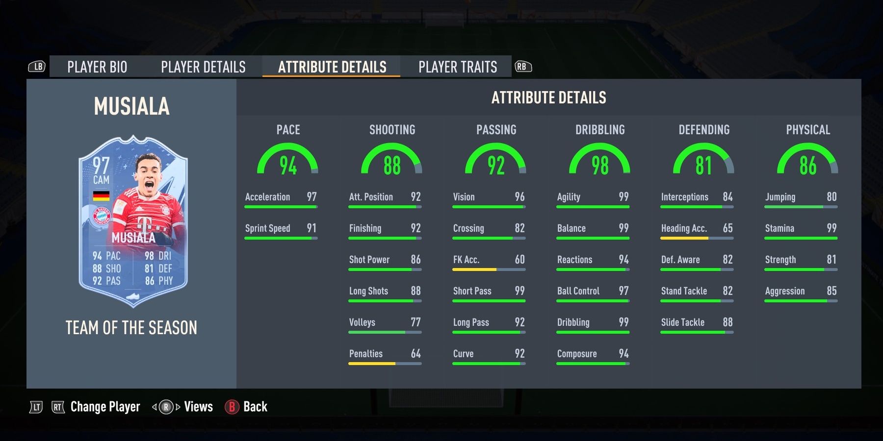 Jamal Musiala's TOTS stats displayed in the FIFA 23 menu.