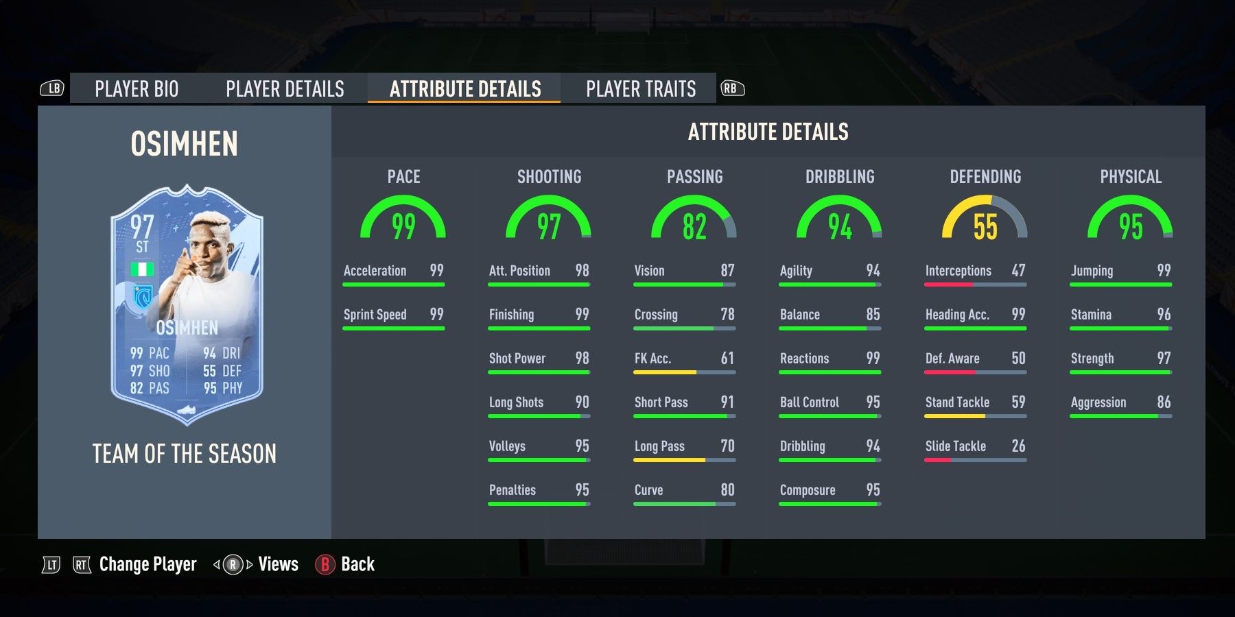 Victor Osimhen's TOTS stats displayed in the FIFA 23 menu.