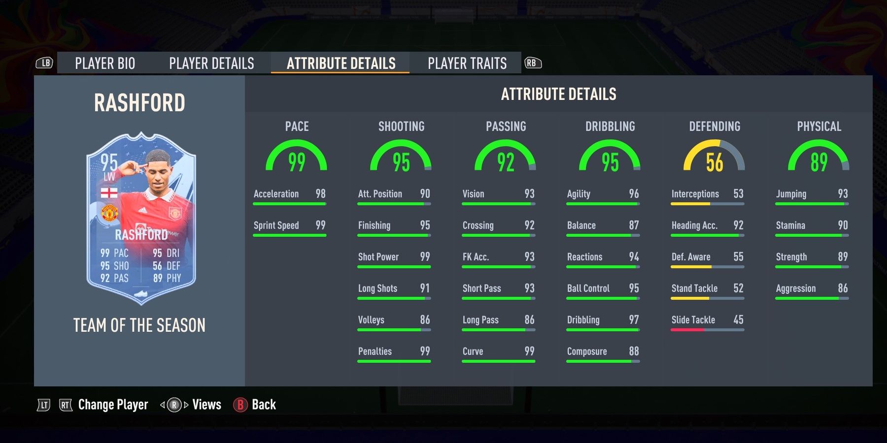 Marcus Rashford's TOTS stats displayed in the FIFA 23 menu.