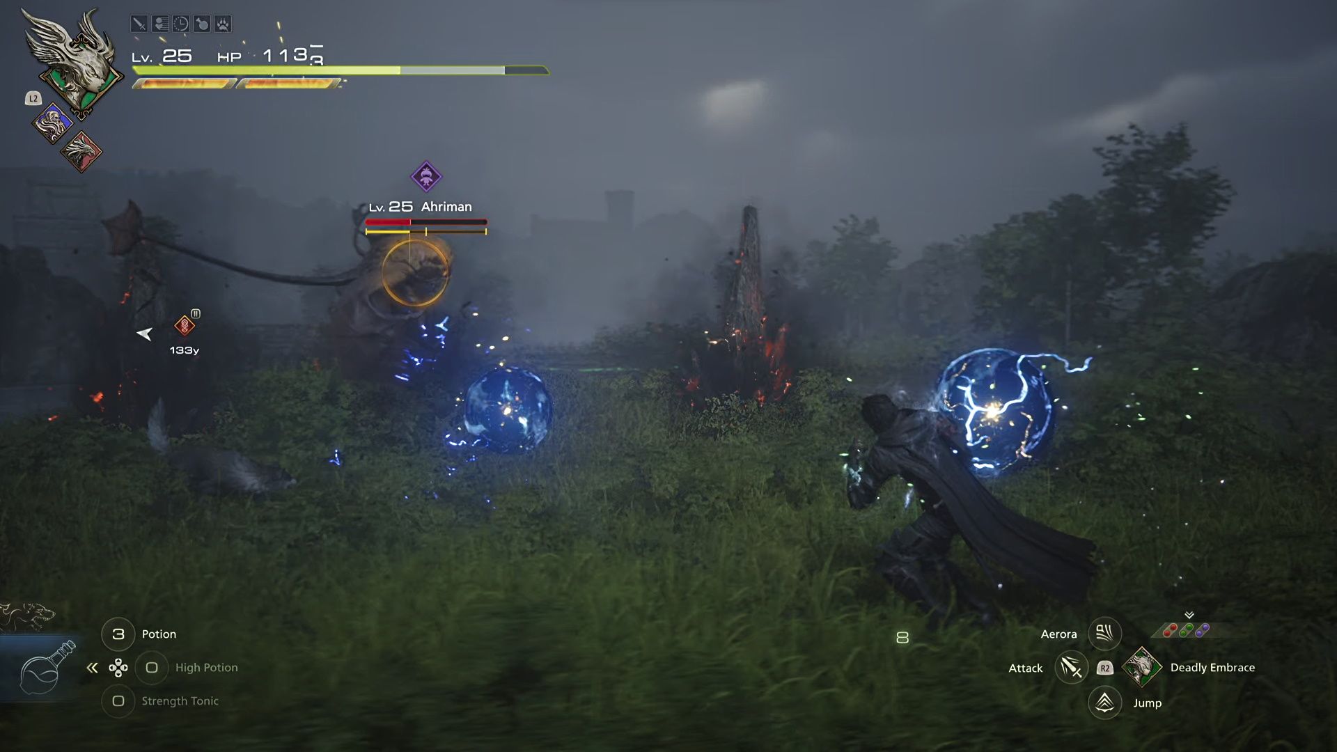 Final Fantasy 16, Ahriman Hunt, Clive dodging the energy spheres